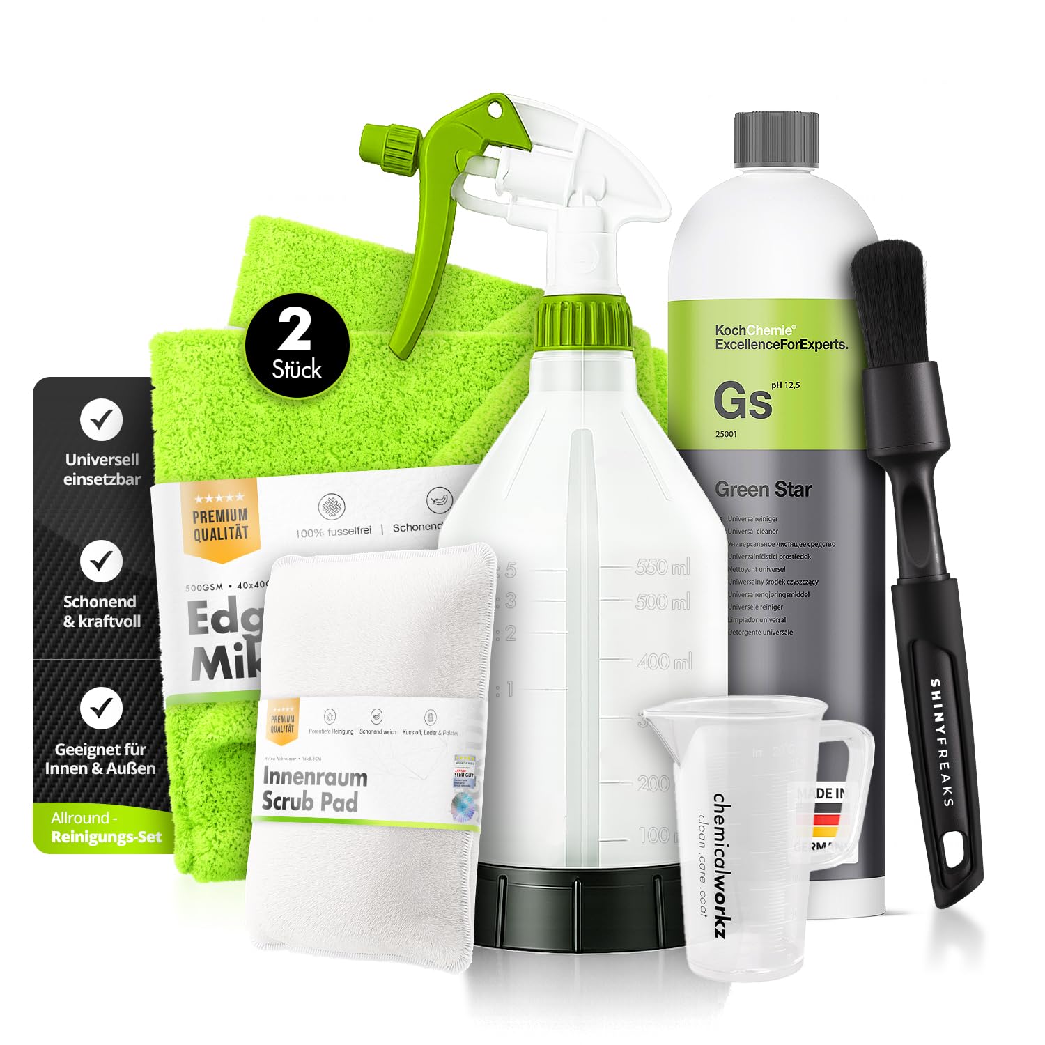 Green Star Set: Koch Chemie Green Star Universalreiniger 1L + 360° Sprühflasche 500ml + Messbecher + 2 Mikrofasertücher + Scrub Pad + Detailing Brush | schnell gemischt & sofort startklar | 7-teilig