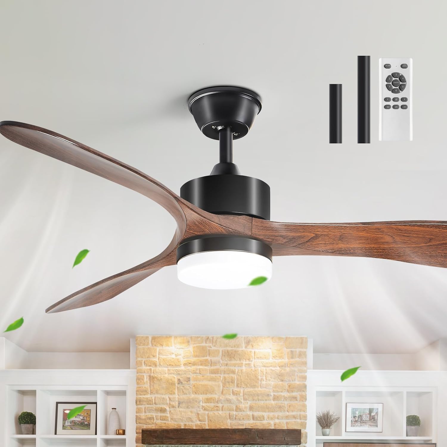 Lighted Ceiling Fan Wooden Peach - Ceiling Fan Light with Remote Control, Memory Function and dimmable, Wooden Peach Reversible Fan Blades, Ceiling Fan Suitable for Indoor installation52'' Three-leaf light fan 3