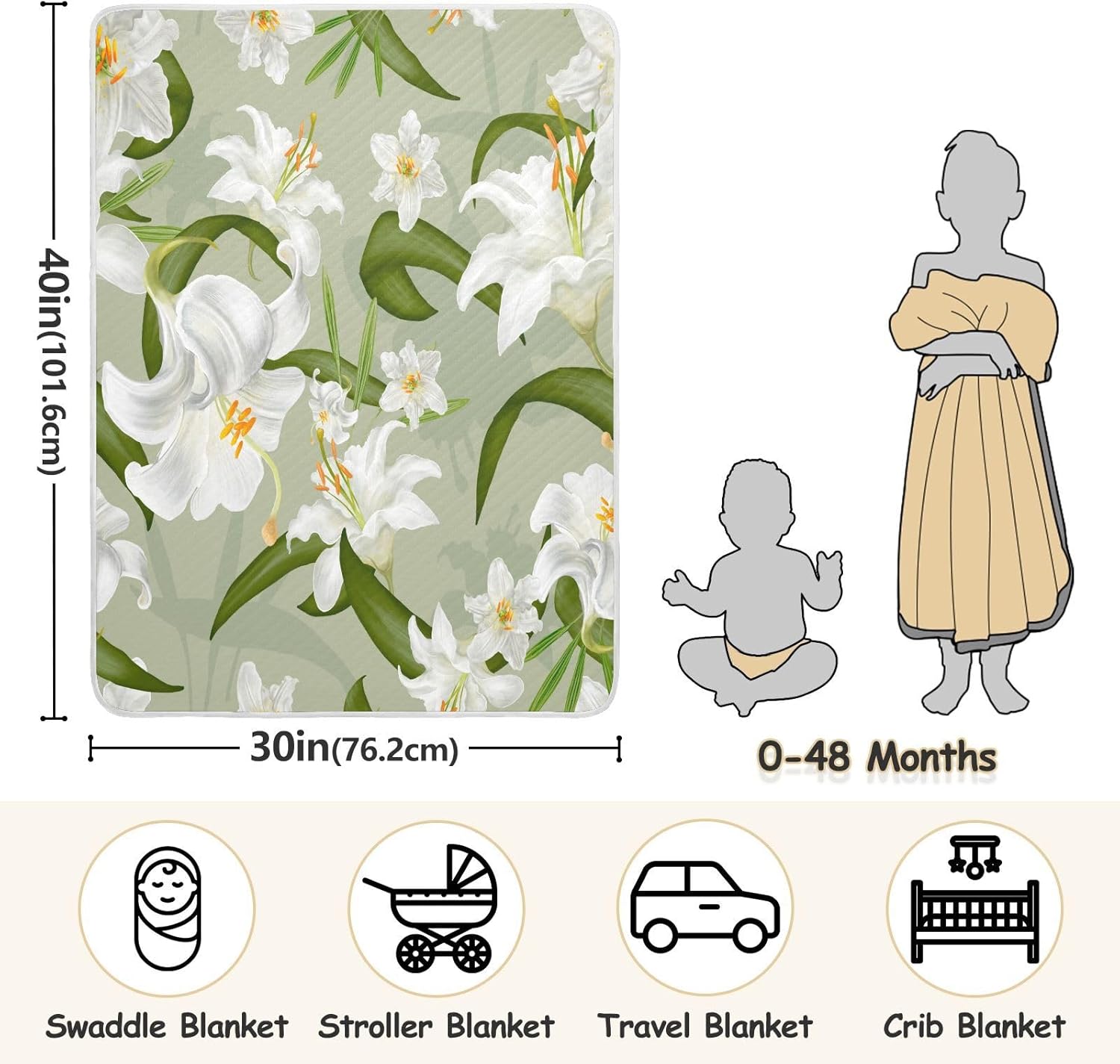 Lily Flowers Baby Blanket, Toddler Blanket, Soft and Comfortable, Unisex, for Crib, Stroller, Walker, Mattress, 30 x 40 Inches