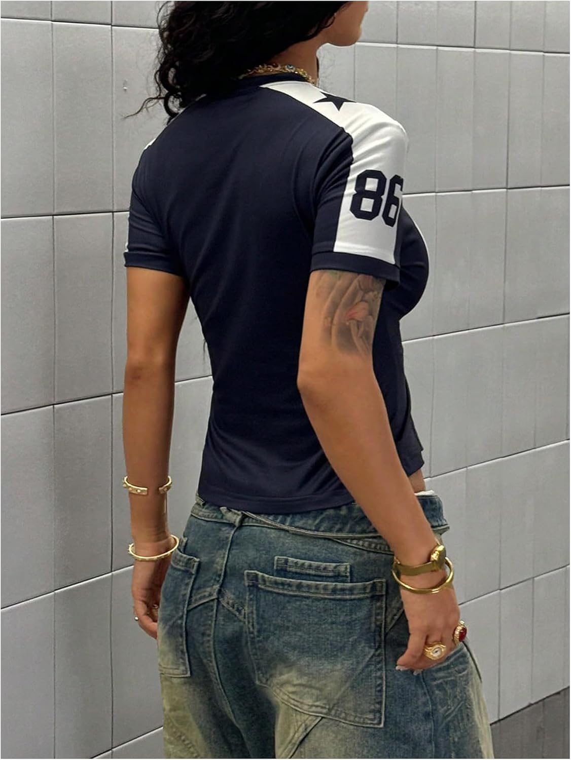 Women's Jersey Shirts V Neck Short Sleeve Graphic Tees Number Color Block Fitted Sports Crop Tops - Image 3