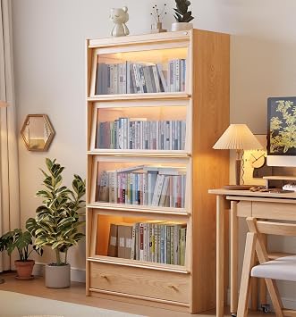 AnywaysWood 73" H Tall Solid Wood Bookcase with Flip-Up Tempered Glass Doors and 3 Color Led Lights,4 -Tier Wooden Bookshelf with 1 Drawer,Display Cabinet Kitchen Pantry for Living Room,Office