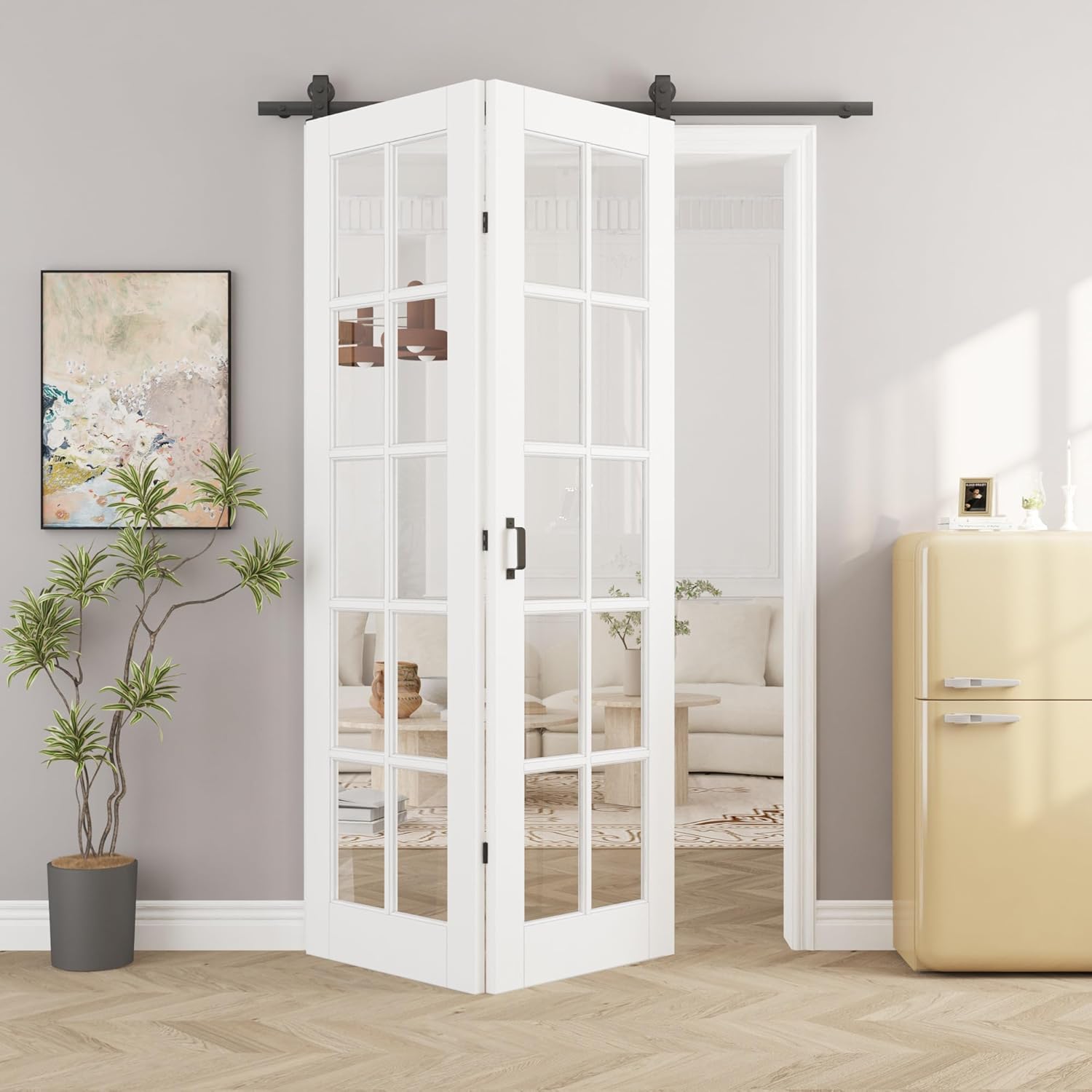 48" x 96" Pre-Assambled 10-Lites Clear Glass Bifold Barn Door with 64" Track Hardware Kit Included, MDF Panel Bi Fold Barn Doors, Sliding Closet Door with Excellent Sound Insolution, Easy to Install