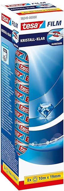 tesa UK Film Crystal-Clear Adhesive Tape - High Transparency, Age Resistant Office Tape with Strong Adhesion, 10 m x 19 mm - Pack of 8