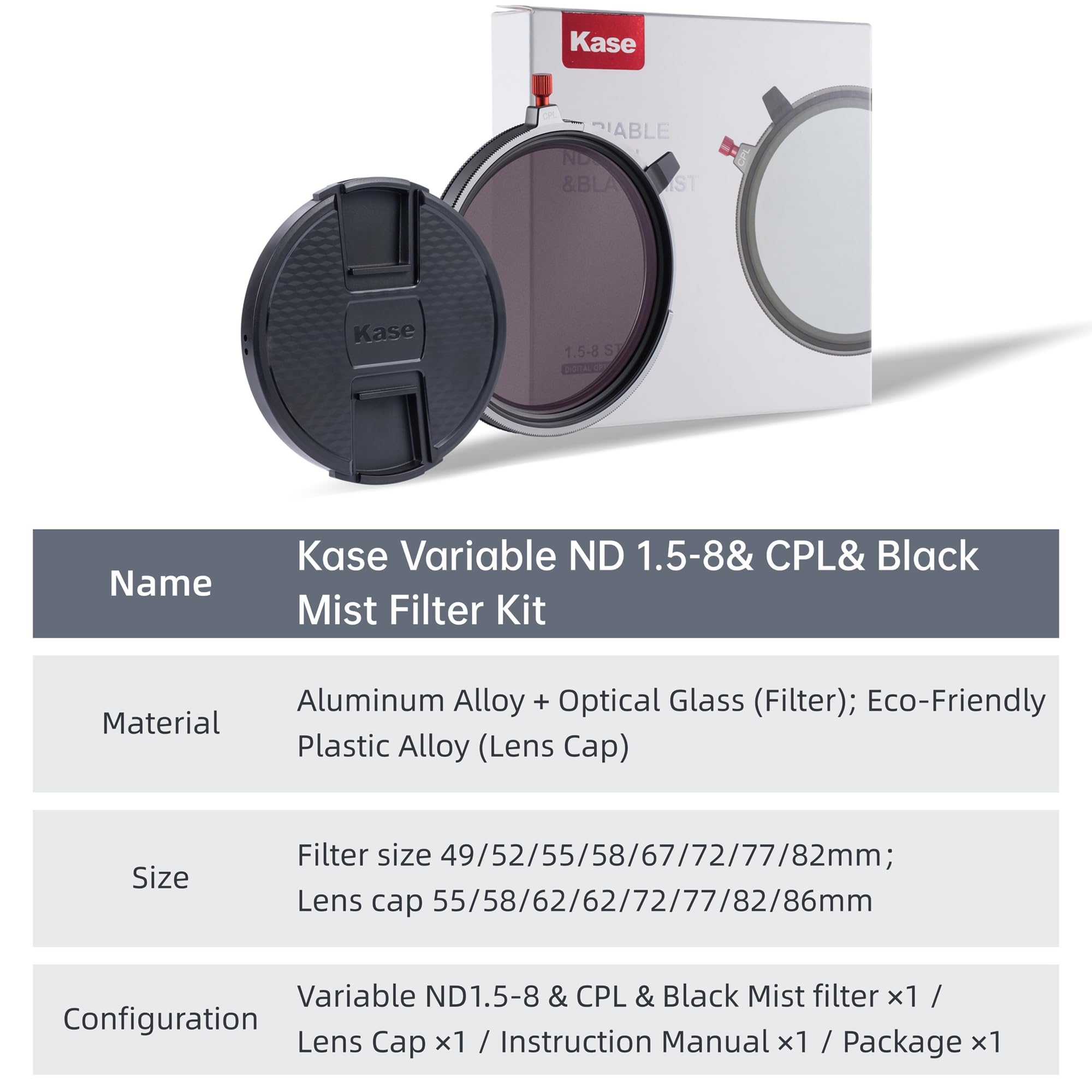 Kase 82 mm 3 en 1 Diaphragme variable ND1,5-8 + CPL + Black Mist 1/4, filtre à densité neutre ND3 à ND236, filtre polarisant circulaire, filtre à effet multicouche pour studio