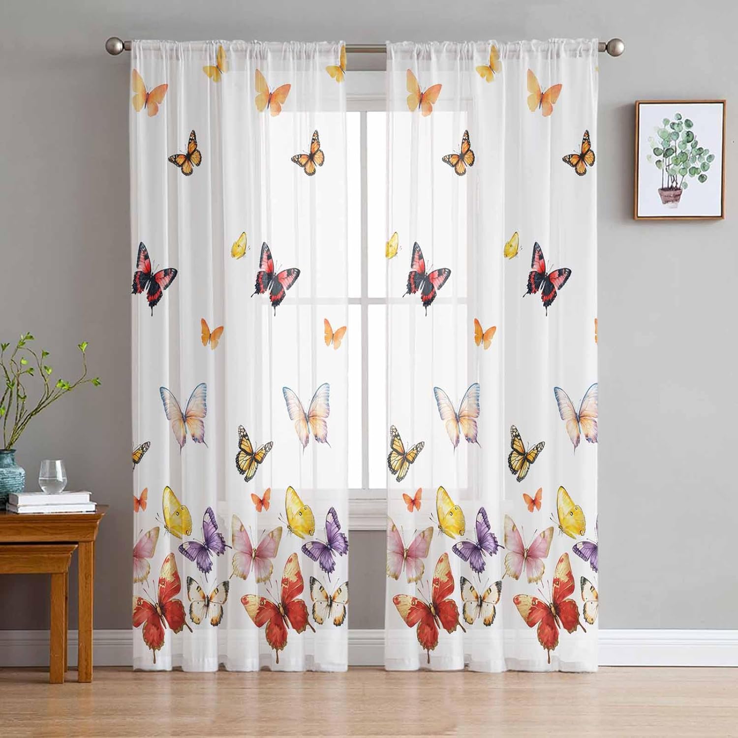 Butterfly Sheer Curtains 84 Inch Long 2 Panels, Retro Country Summer Colorful Butterfly Nature Light Filtering Window Sheer Curtains, Rod Pocket Voile Drapes for Living Room Bedroom, 52”x84”