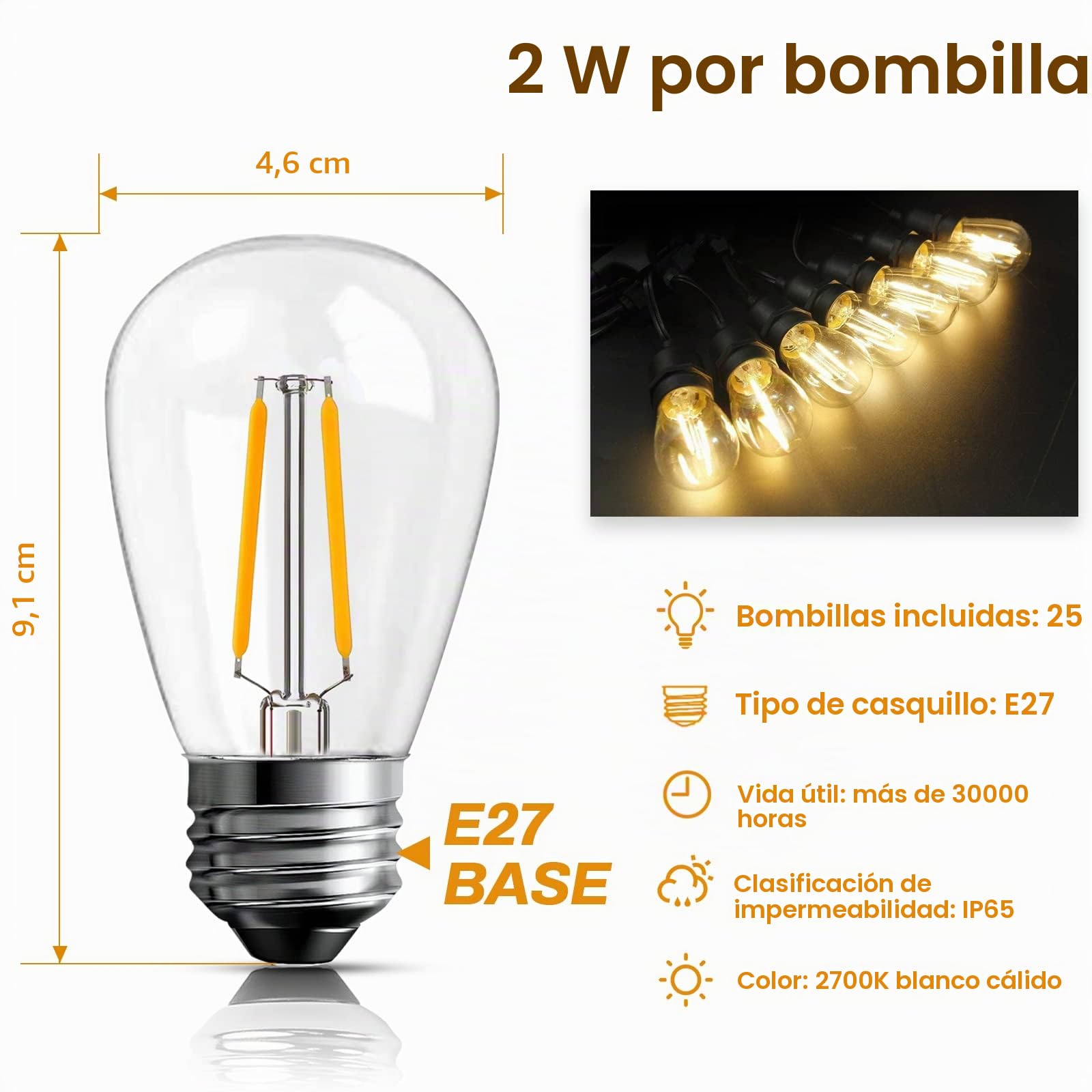 BRIMAX Lampadina LED E27 S14, 25 pezzi 2W=20W 2700K | 180LM, IP44, AC220-240V, vetro stile Edison, non regolabile, per ghirlande esterne, patio, giardino