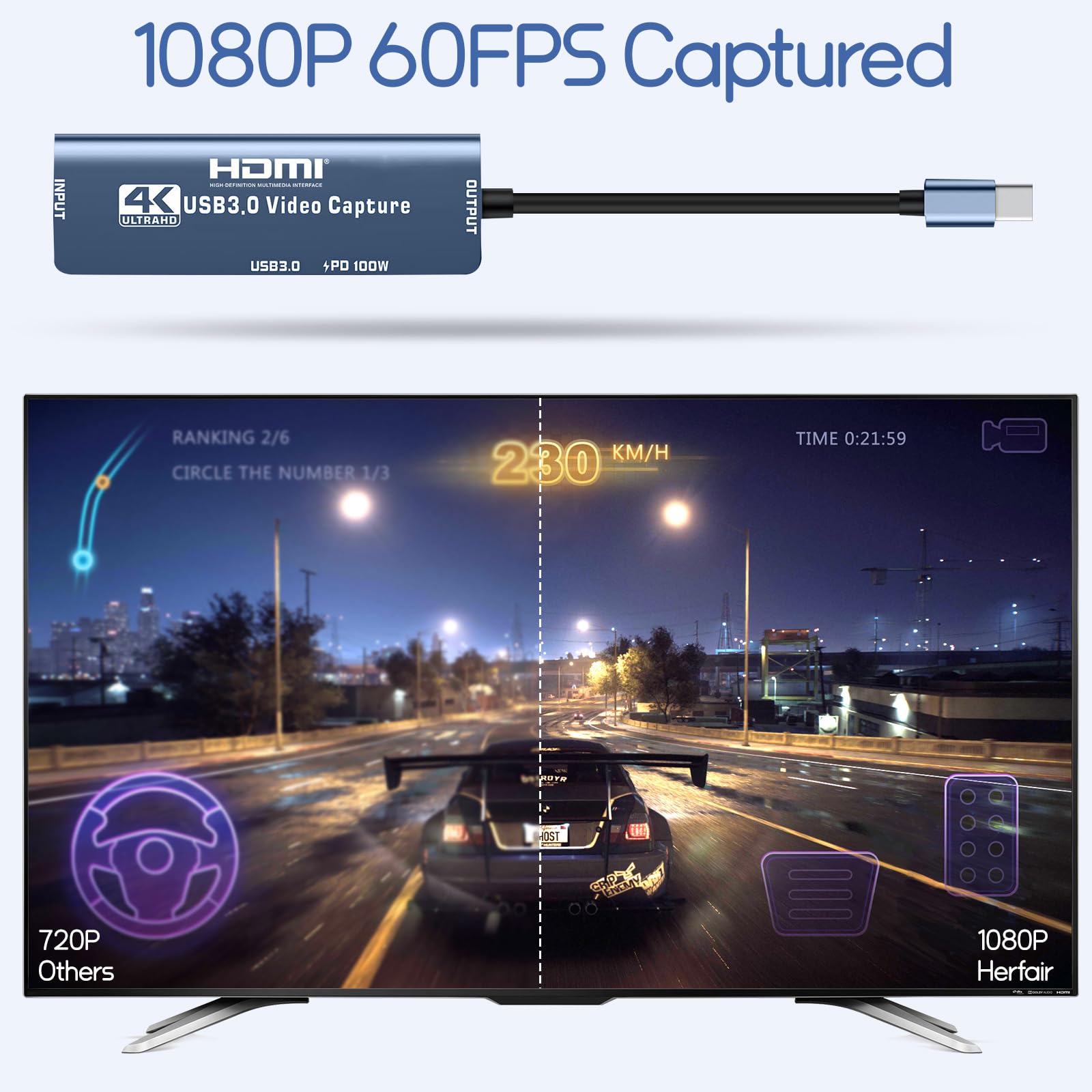 Dispositivo de captura de video con tarjeta de captura HDMI con conector dual USB/tipo C/PD de 100 W de carga/puerto OTG USB 3.0, adaptador de grabación de transmisión HDMI para Quest 3, Switch, PS5/4