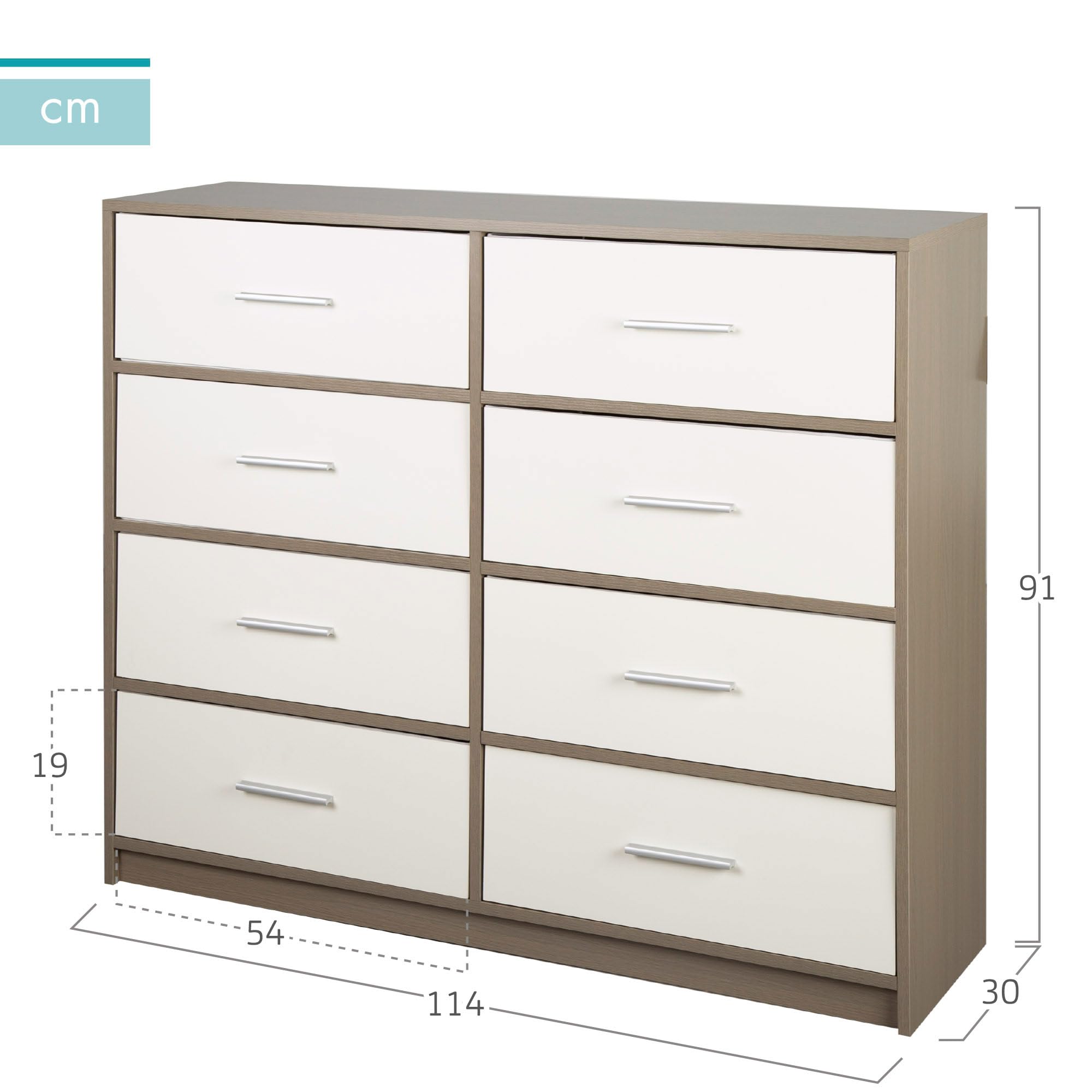 AKTIVE Max Home Cómoda dormitorio multiusos, Gris y blanco, 8 cajones de tela ligeros, 114x30x92 cm, Estructura madera, Sistema de almacenaje, Organización hogar, Decoración, Mueble vestidor (18416)