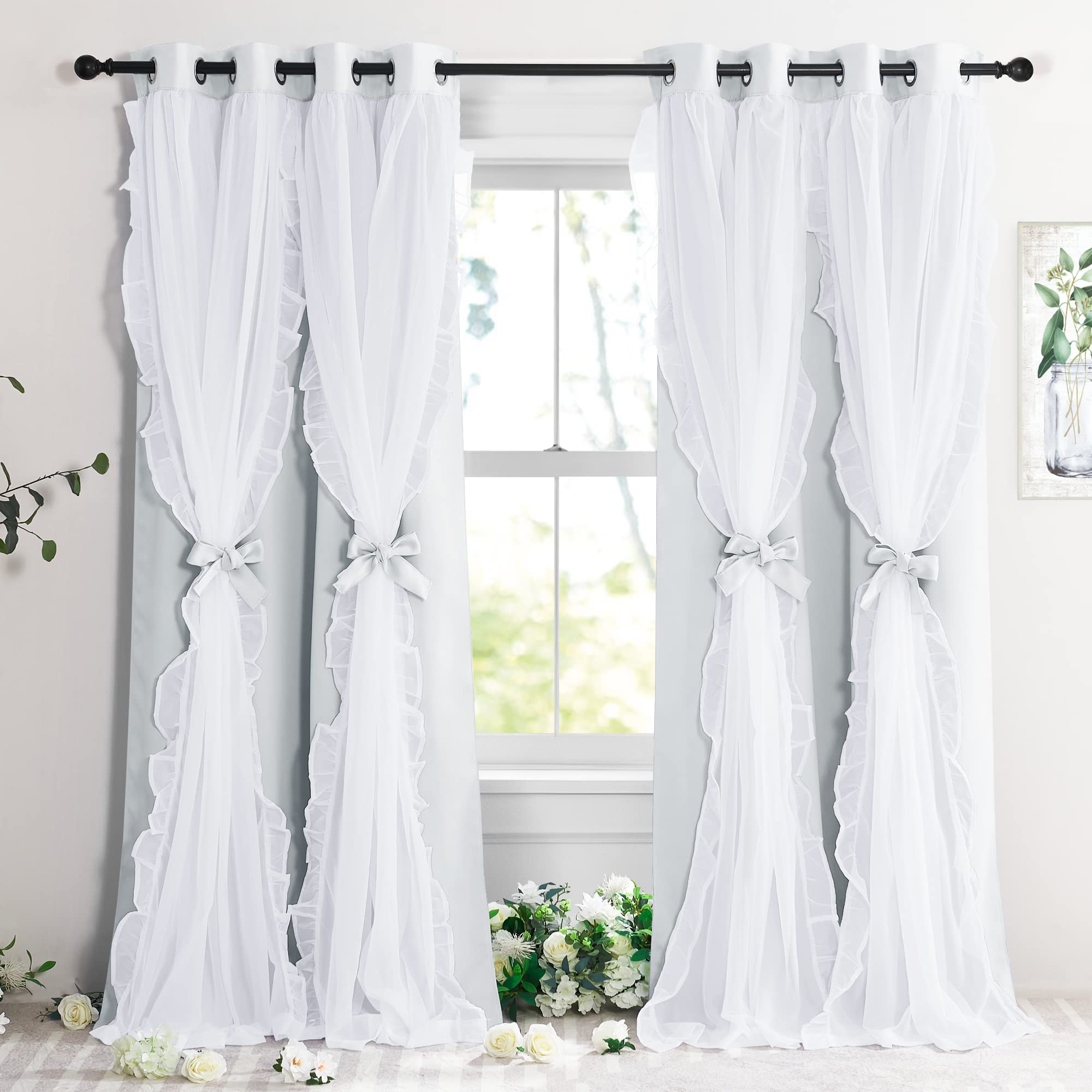 PONY DANCE Greyish White Curtains for Girls Bedroom, Decorative Double Layer Curtains with Ruffle Sheer Overlay for Kids, Pretty Chic Princess Dreamy Ambiance Room Darkening Drapes 52x84 inch, 2 PCs
