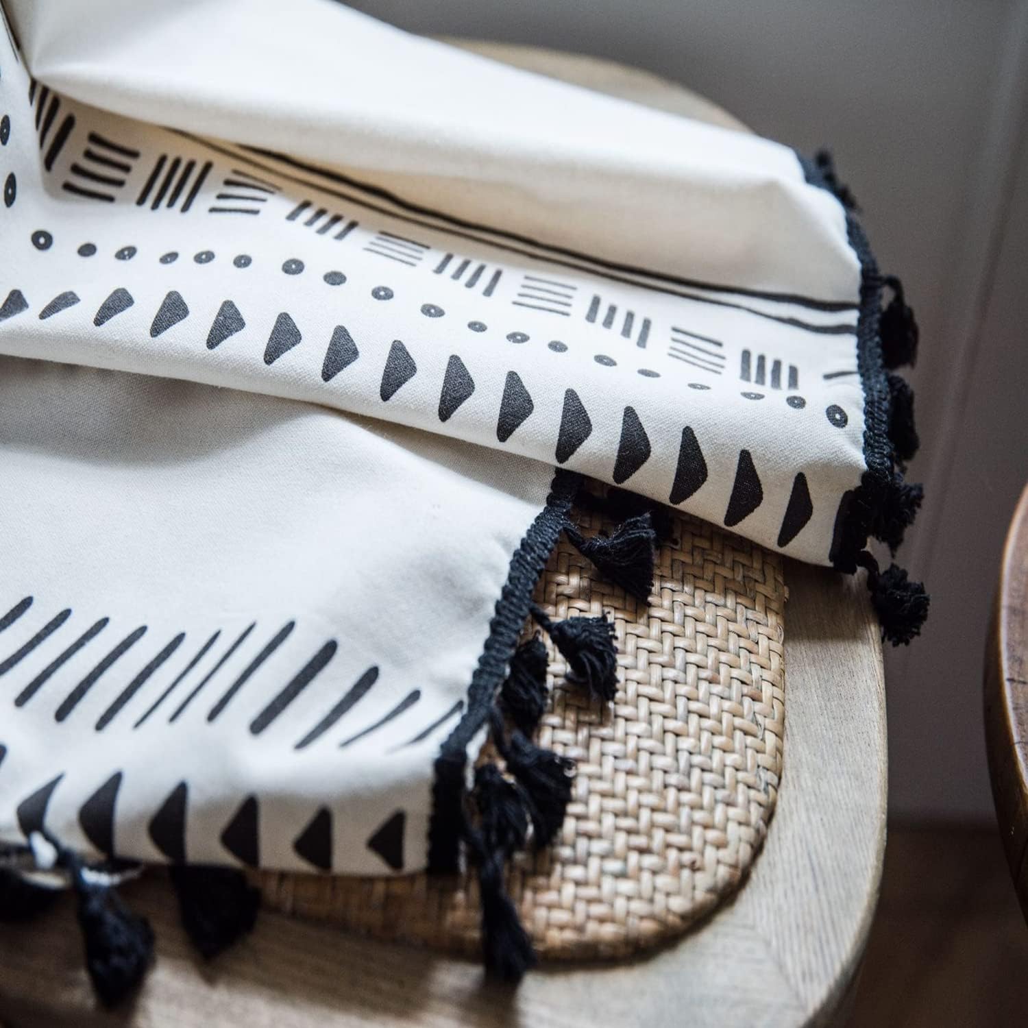 Boho Cream Geometric Curtains Semi Blackout Tassel Drapes for Living Room Bedroom Rod Pocket Window Treatment 1Panels W59 L63 Inch