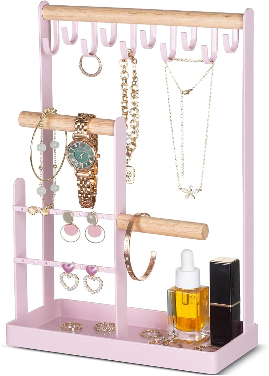 ProCase Bonito soporte para joyas, organizador estético de joyas para tocador, expositor de joyas para collares, pendientes, regalos para adolescentes, niñas y mujeres, decoración de dormitorio, mediano, rosa