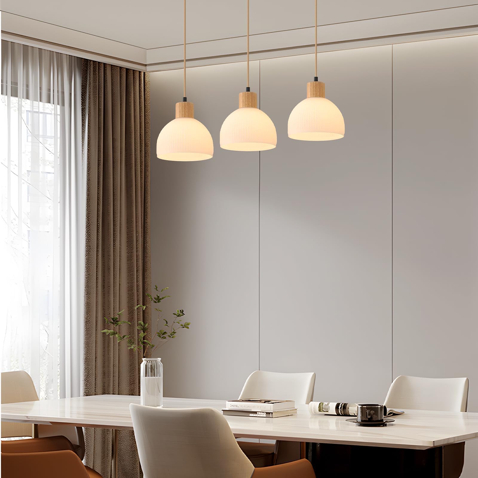 3 LumièRes Suspension Luminaire,Bois Et Verre Blanc Lustre Salon E27 Cuisine Lampe Hauteur RéGlable Vintage Luminaires IntéRieur Pour Chambre Deco