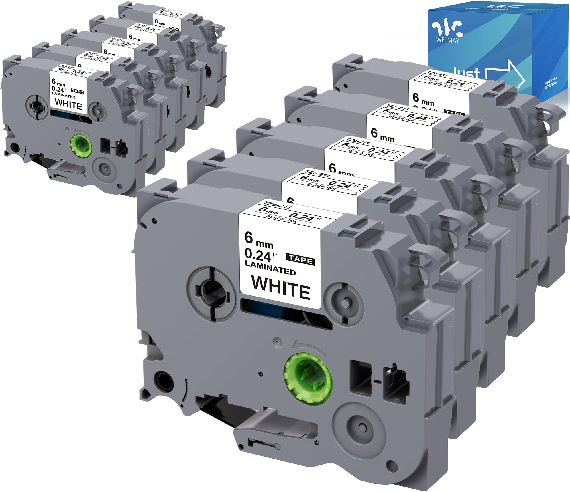 Lot de 10 rubans d'étiquettes de rechange TZe-211 compatibles avec Weemay P-Touch - 6 mm - Blanc laminé - Pour étiqueteuse PT-D200/PTD220/PTD600/PT-D410/PTH110BP - 0,6 cm x 7,6 m (TZe211/TZ-211/TZ211)