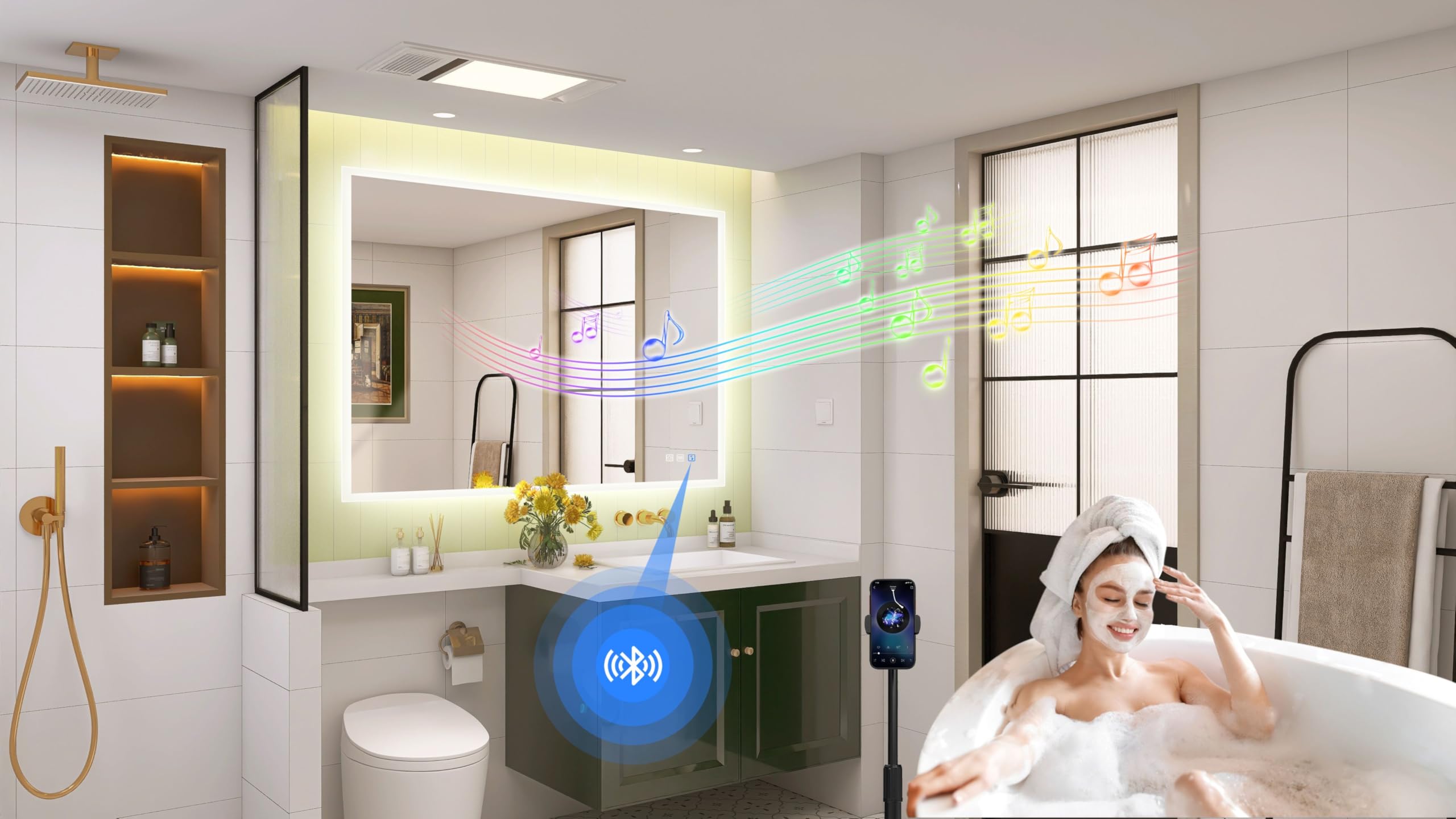 STARLEAD 100x70 cm lustro z oświetleniem LED i Bluetooth, przeciwmgielne, lustro LED z możliwością przyciemniania, 3 kolory światła, pamięć, IP44, szkło hartowane, poziome/pionowe