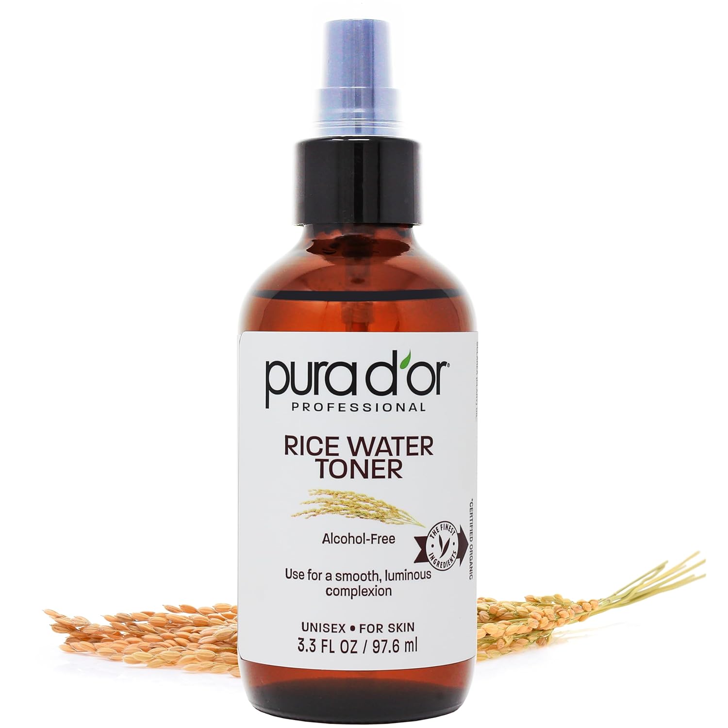 PURA D’OR 3.3 Oz Rice Water Facial Toner – Hydrating, Balancing & Soothing Formula with Natural Extracts – Skin Texture Support for Radiant Skin – Alcohol-Free – Travel Size