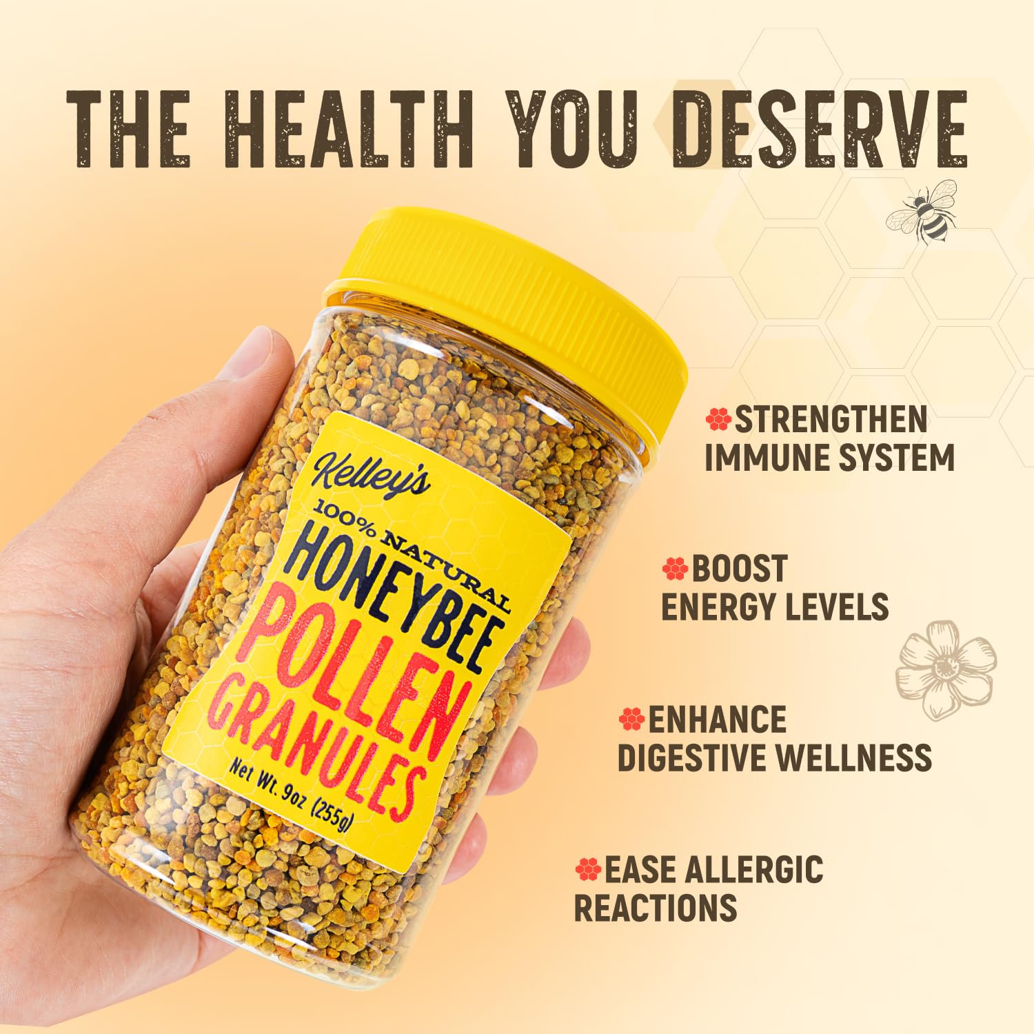 Kelley’s Bee Pollen, 9 oz – 100% Raw Bee Pollen Granules, GO TEXAN Certified – Naturally Preserved Vitamins, Enzymes, Amino Acids & Protein – Gluten Free, Non-GMO, Paleo & Keto Friendly