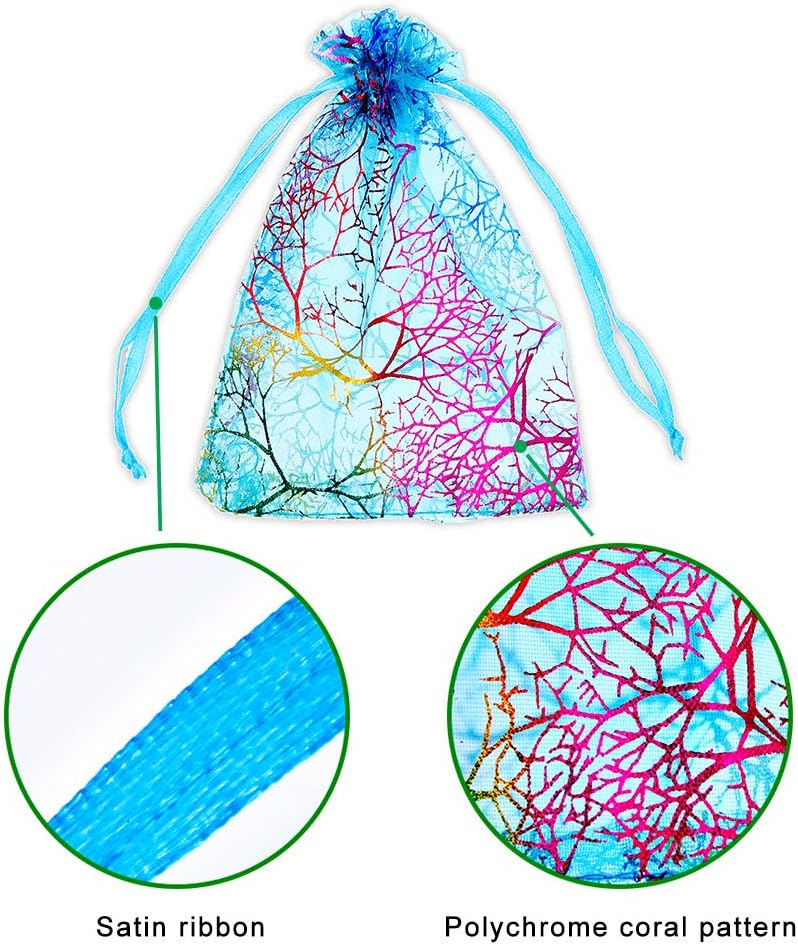 SumDirect 100Pcs Blue Organza Drawstring Bags Jewelry Pouches, Coralline Pattern Candy Chocolate Party Christmas Wedding Favor Gift Bags,3.5x4.7inches - Image 3