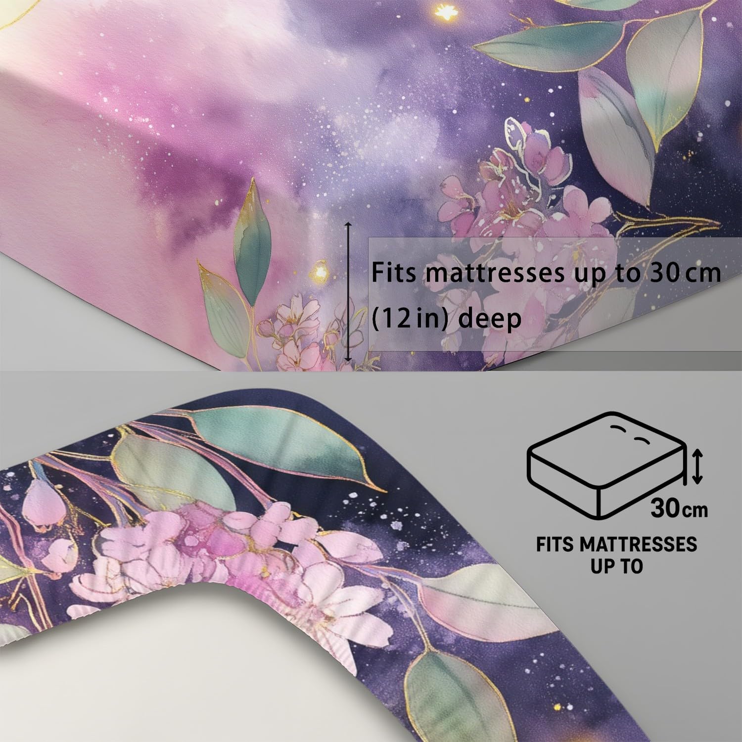 Juego de sábanas bajeras de microfibra transpirable con diseño de gato negro y flor de cerezo y luna, 30 cm de profundidad, para decoración de habitación de niños y adolescentes, 180 x 200 cm