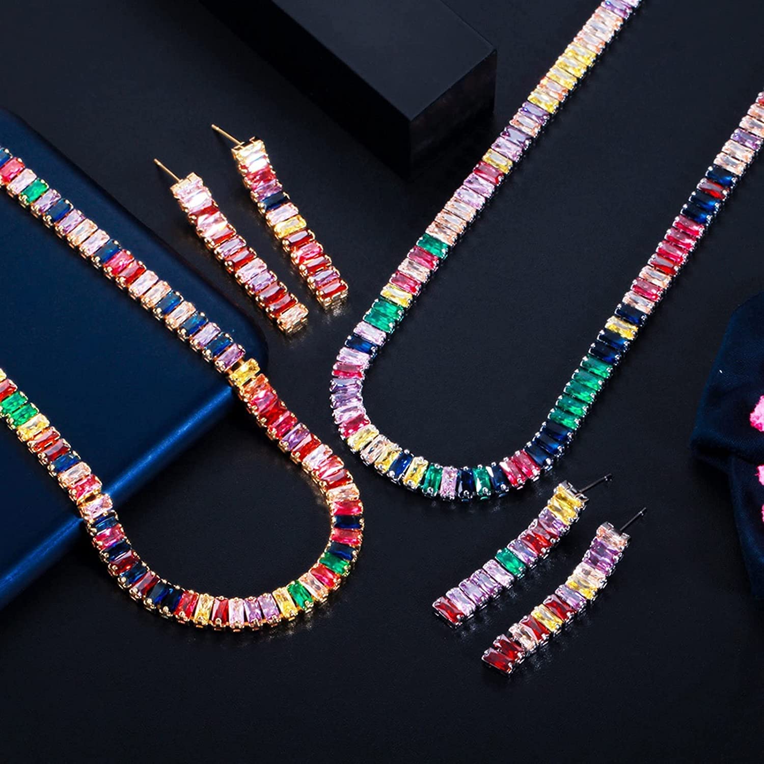 Joyería Multicolor Arco Iris rectángulo Zirconia cúbica Pendientes Collar Conjuntos para Mujeres Moda Fiesta bisutería