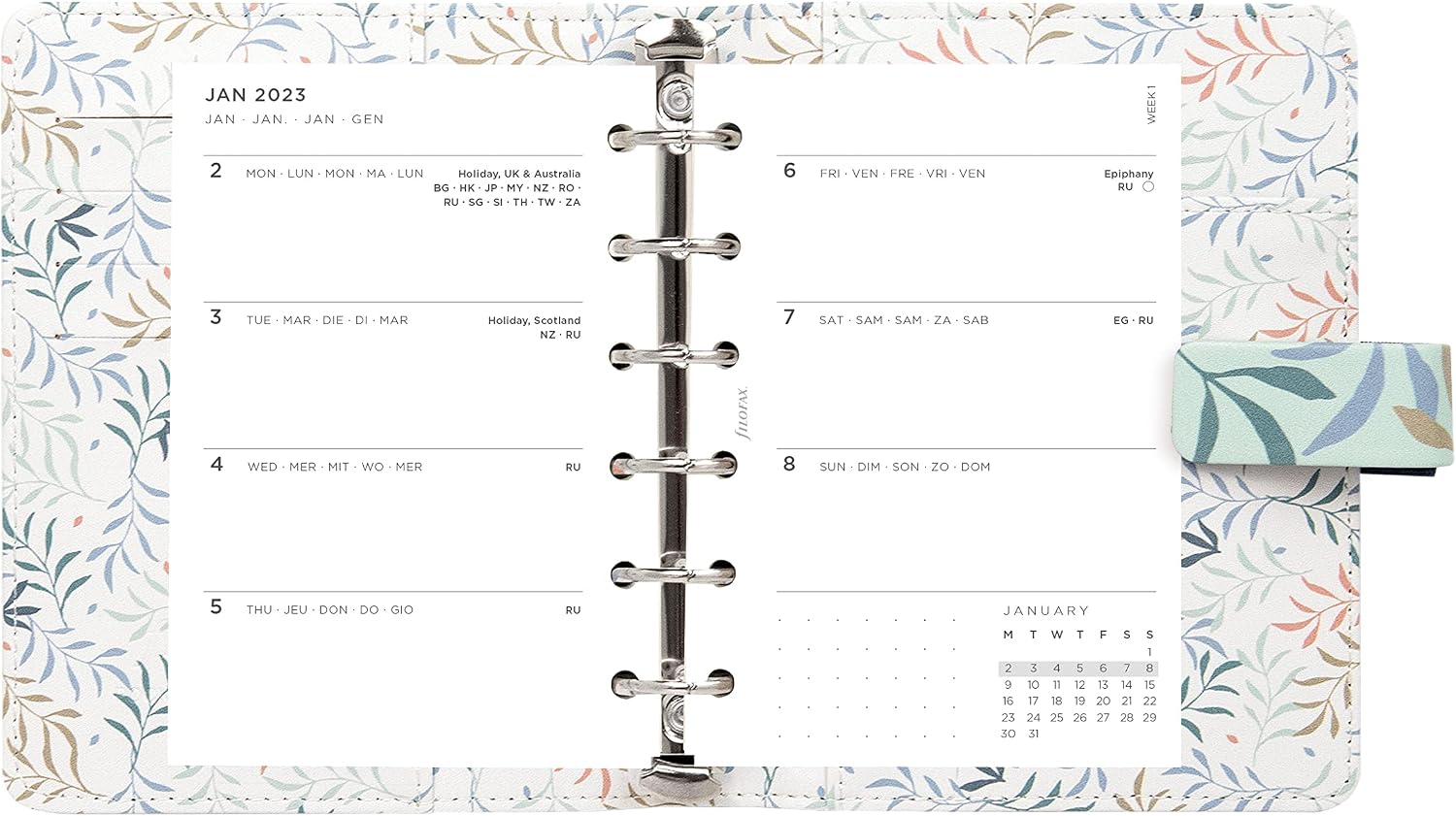 Filofax Botanical Organizer, Pocket Size, Mint - Six Rings, Week-to-View Calendar Diary, Multilingual, 2023 (C022647-23) - Image 5