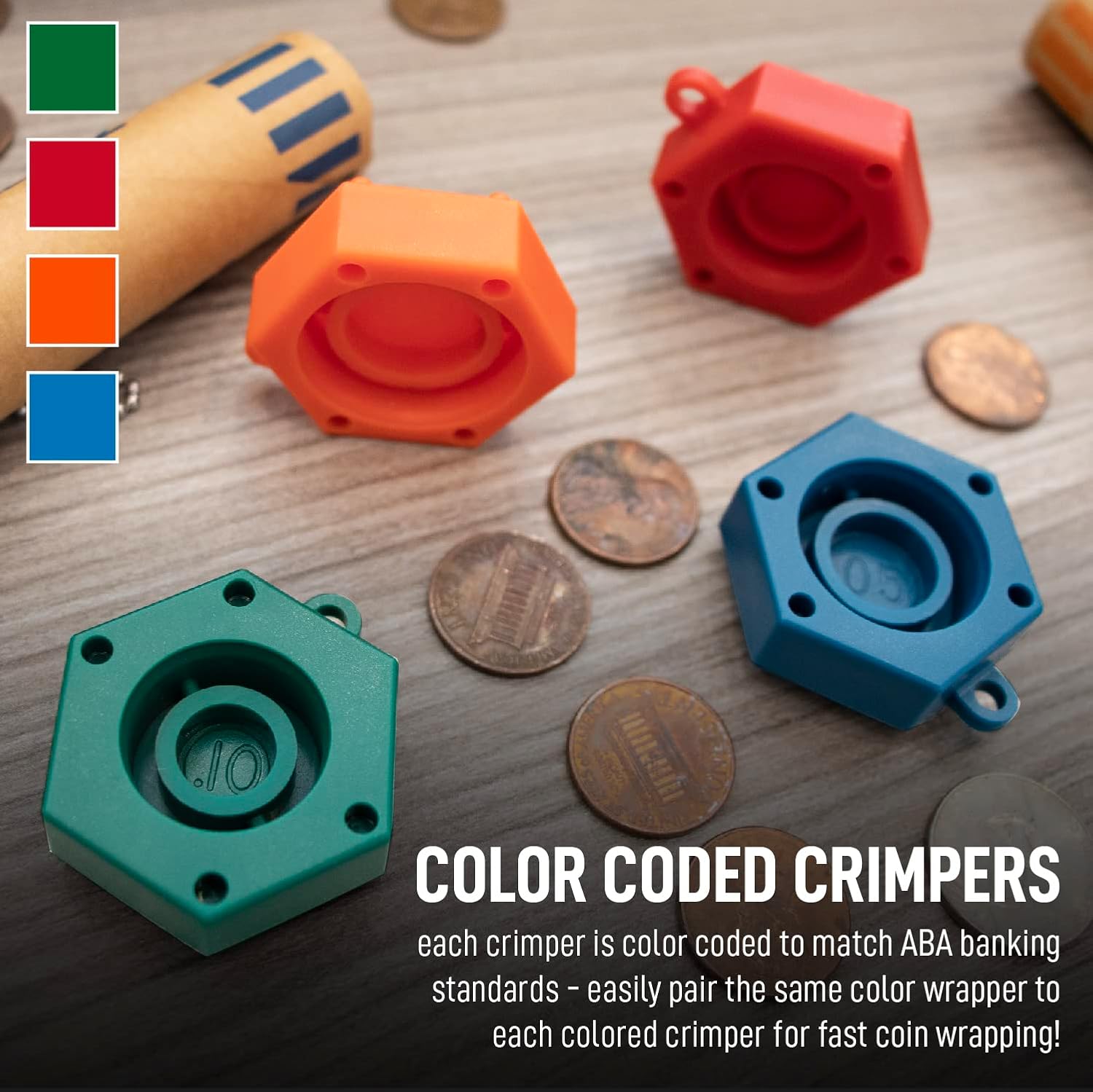 Nadex 256 Assorted Preformed Crimped End Coin Roll Wrappers with Color Coded Coin Wrapper Crimping Tool (Patent Pending), 64 Each of Nickels, Dimes, Pennies and Quarters