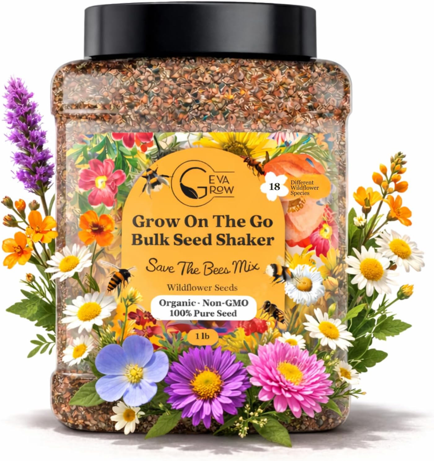 Wildflower Seed Mix 1LB Tub - Save The Bees Seed Mix, by GevaGrow | Bulk 300,000+ Seeds | Pollinator & Bee Attracting Flower Seeds Bulk for Planting in Pots & Outdoor Gardens | 1 Pound Tub