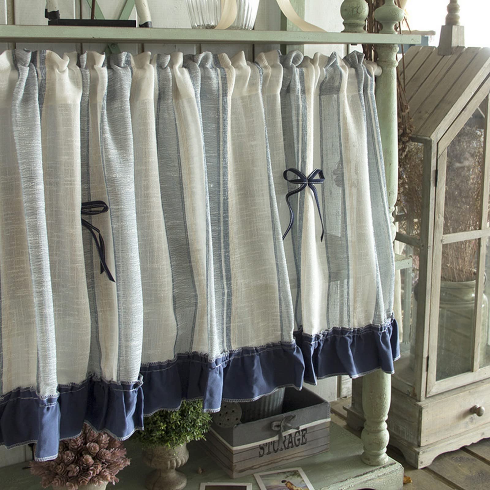 A.Monamour Gardine Scheibengardinen Kurzstores Mittelmeer Baumwoll Leinen Textur Weiß Blau Gestreifter Vorhang mit Schleife Kurzgardinen Küchengardine Küche Fenster Kurz Vorhang Stores Bistrogardine