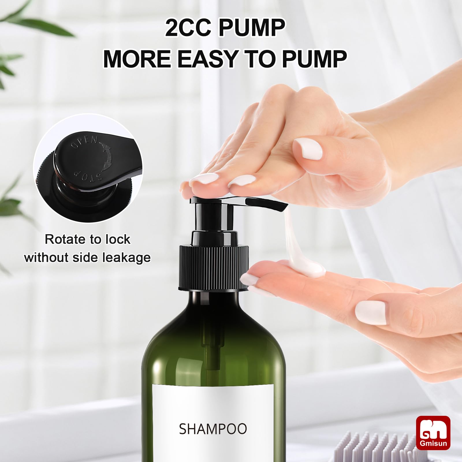 Gmisun Green 3-Pack 500ml Recycled Plastic Shampoo & Conditioner Dispenser with Pump, Bathroom Bottles with Labels - Image 4