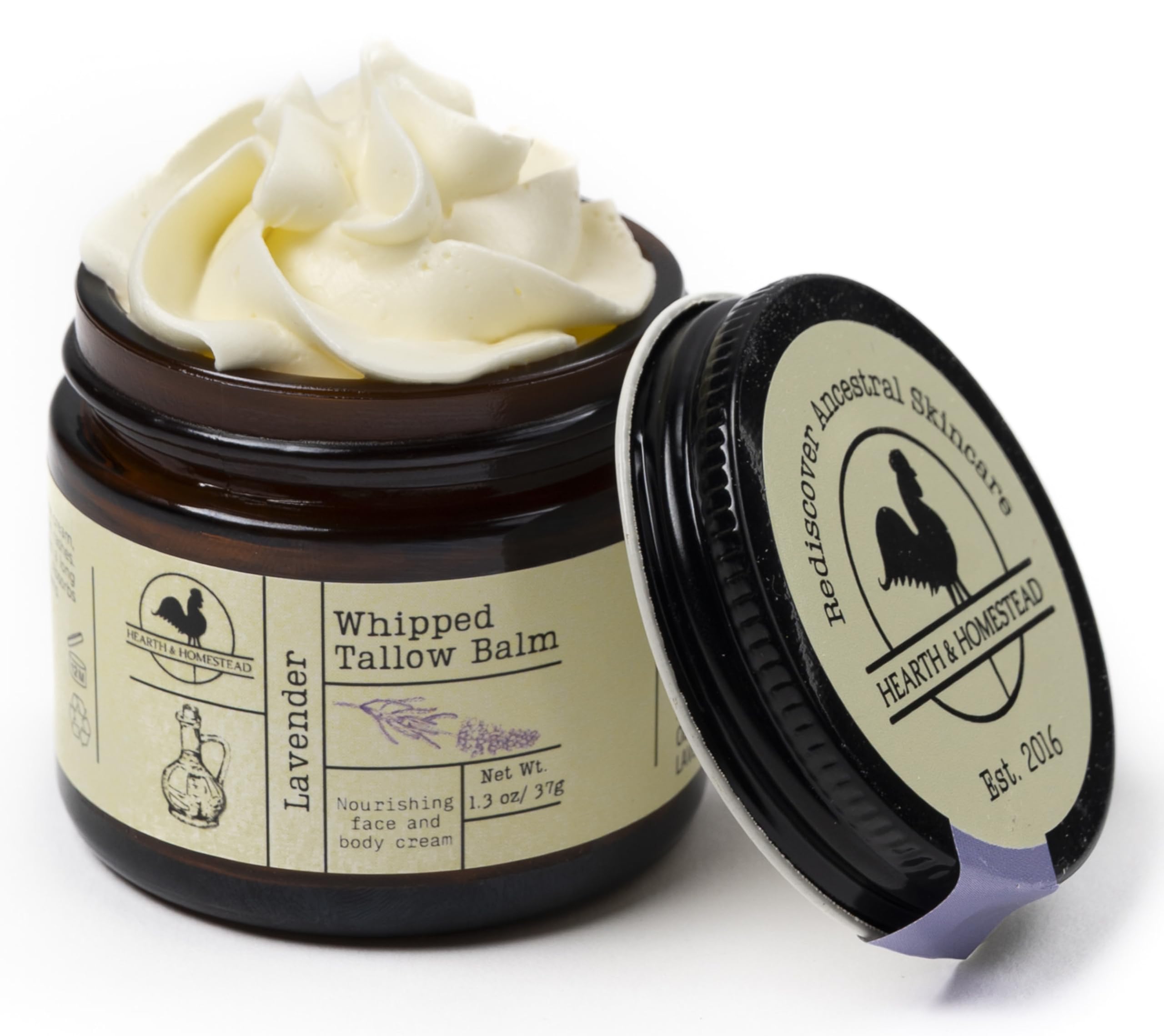 Hearth and Homestead: Handmade Whipped Tallow Balm, Organic, Moisturizer, Body Butter with Infused Olive Oil, for Eczema, Rosacea, Baby (Lavender)