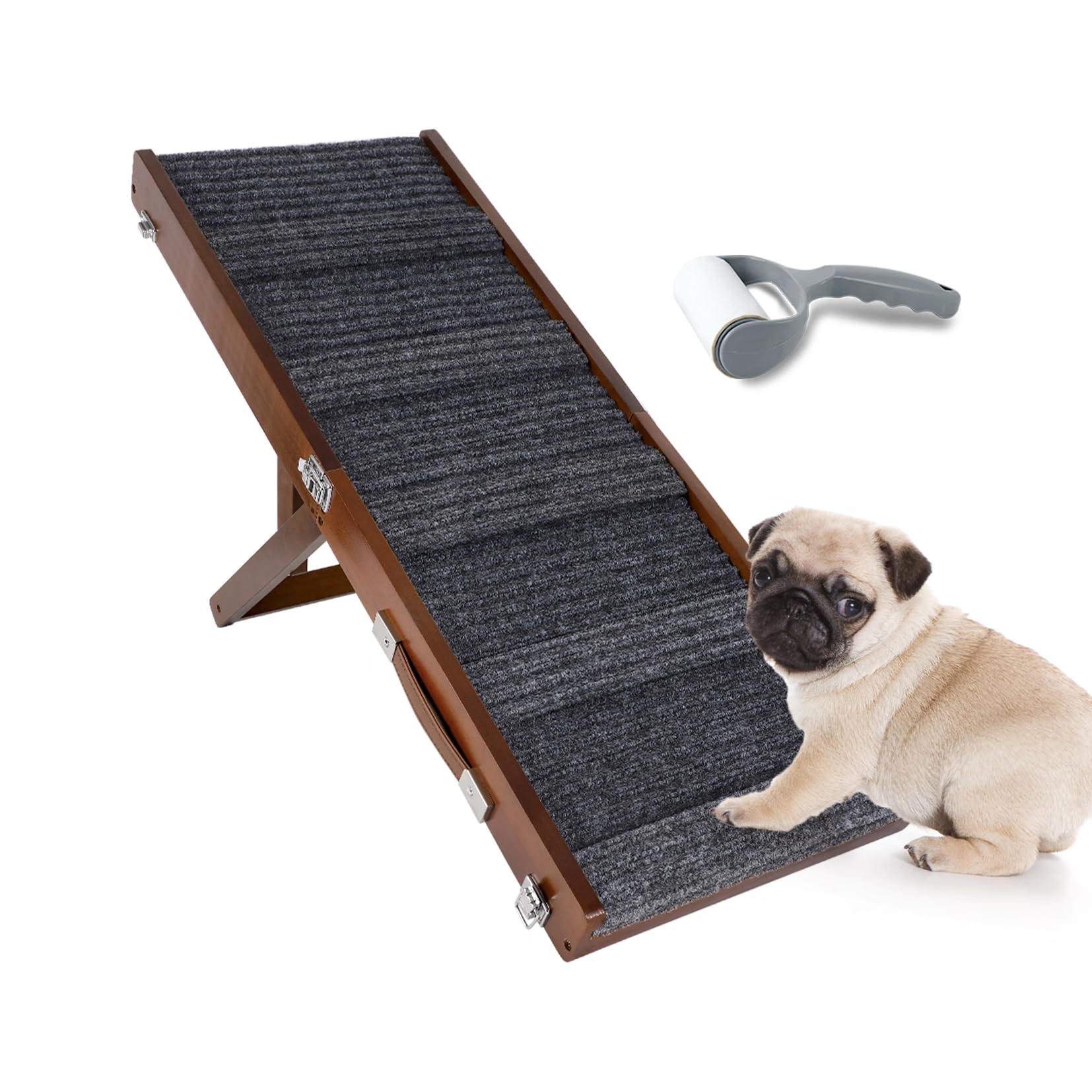 Umtiti Brown Wooden Framed Folding Portable Pet Ramp. 4 Levels Adjustable 9" to 17.3" with Non-Slip 5 Paw Traction Mat for Small Medium Doggie. Dog Ramps-80penBN,UK