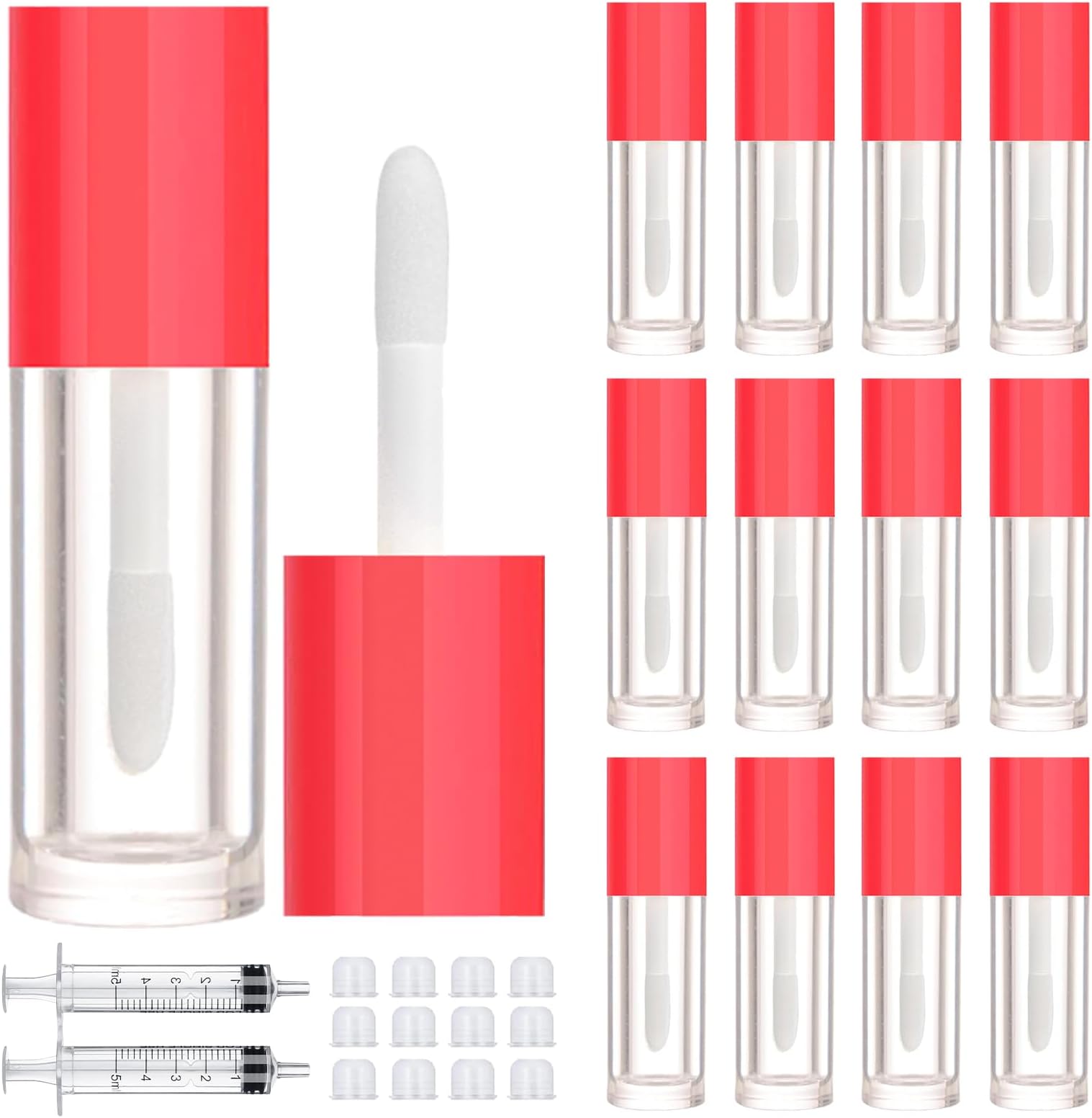 2.5ml 12 PCS Empty Lip Gloss Tubes with Wand Lip Gloss Containers Cute 0.08oz Clear Refillable Lipgloss Making Supplies Kit for DIY Makeup+ 2pcs Syringes (Red)