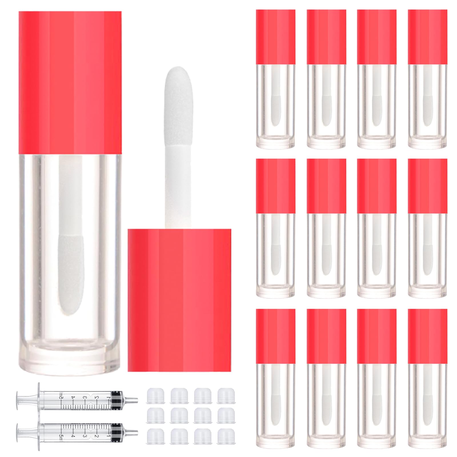 2.5ml 12 PCS Empty Lip Gloss Tubes with Wand Lip Gloss Containers Cute 0.08oz Clear Refillable Lipgloss Making Supplies Kit for DIY Makeup+ 2pcs Syringes (Red)