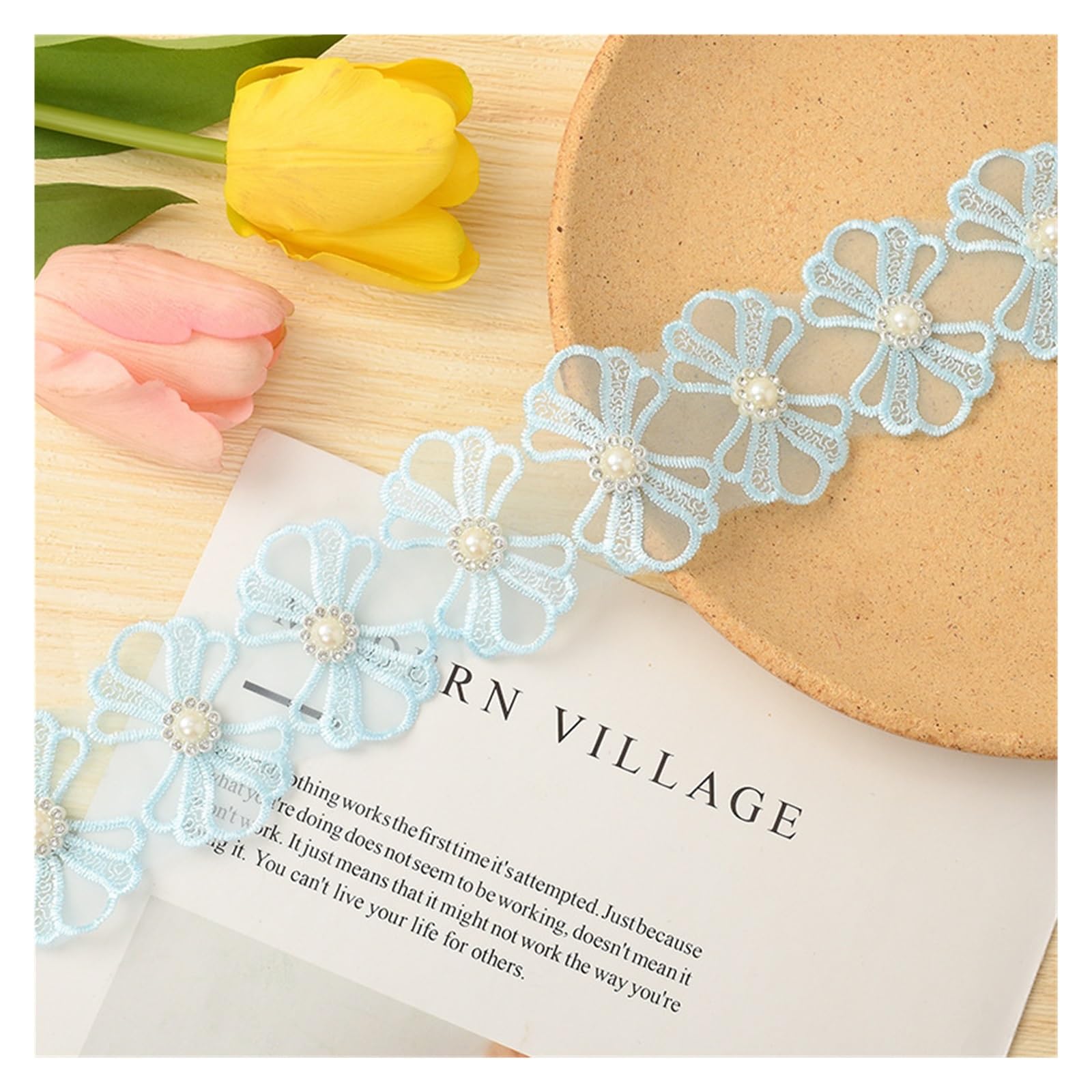 Encaje Adorno de encaje bordado de 4 cm con lazos 3D de diamantes de imitación y perlas - 20 yardas for ropa, manualidades y decoración del hogar(LIGHT BLUE)