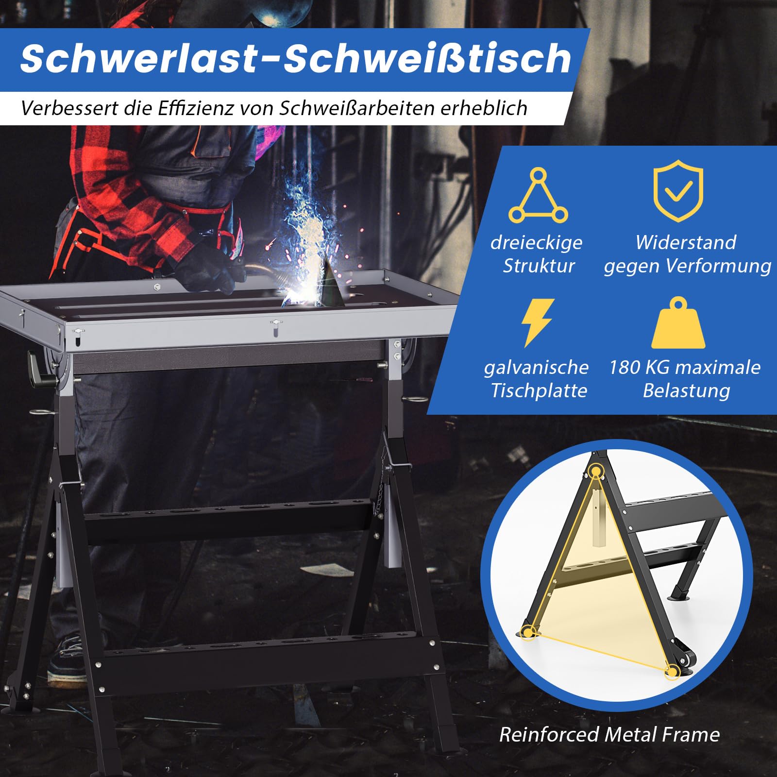 FANTASK Établi Mobile - Table de soudage Pliable - Charge maximale : 180 kg - Établi avec Roues et étagères à Outils - Table de Travail avec 4 hauteurs et Angles réglables
