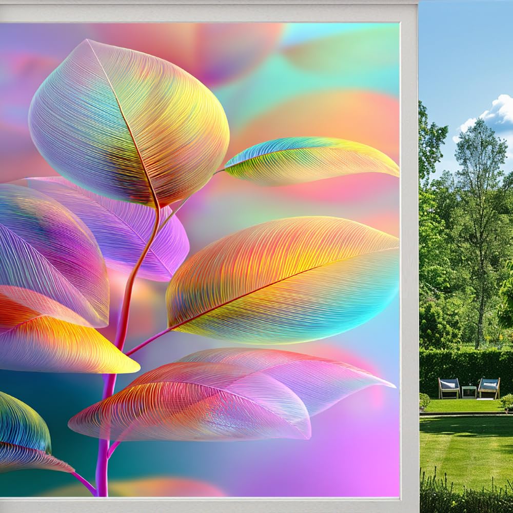 Pmlbaous Leaf Texture Privacy Window Film, Colorful Plants Fantasy Frosted Self-Adhesive Vinyl Cling For Glass Doors Bathroom Windows Sun Blocking Heat Control, （90X140cm）