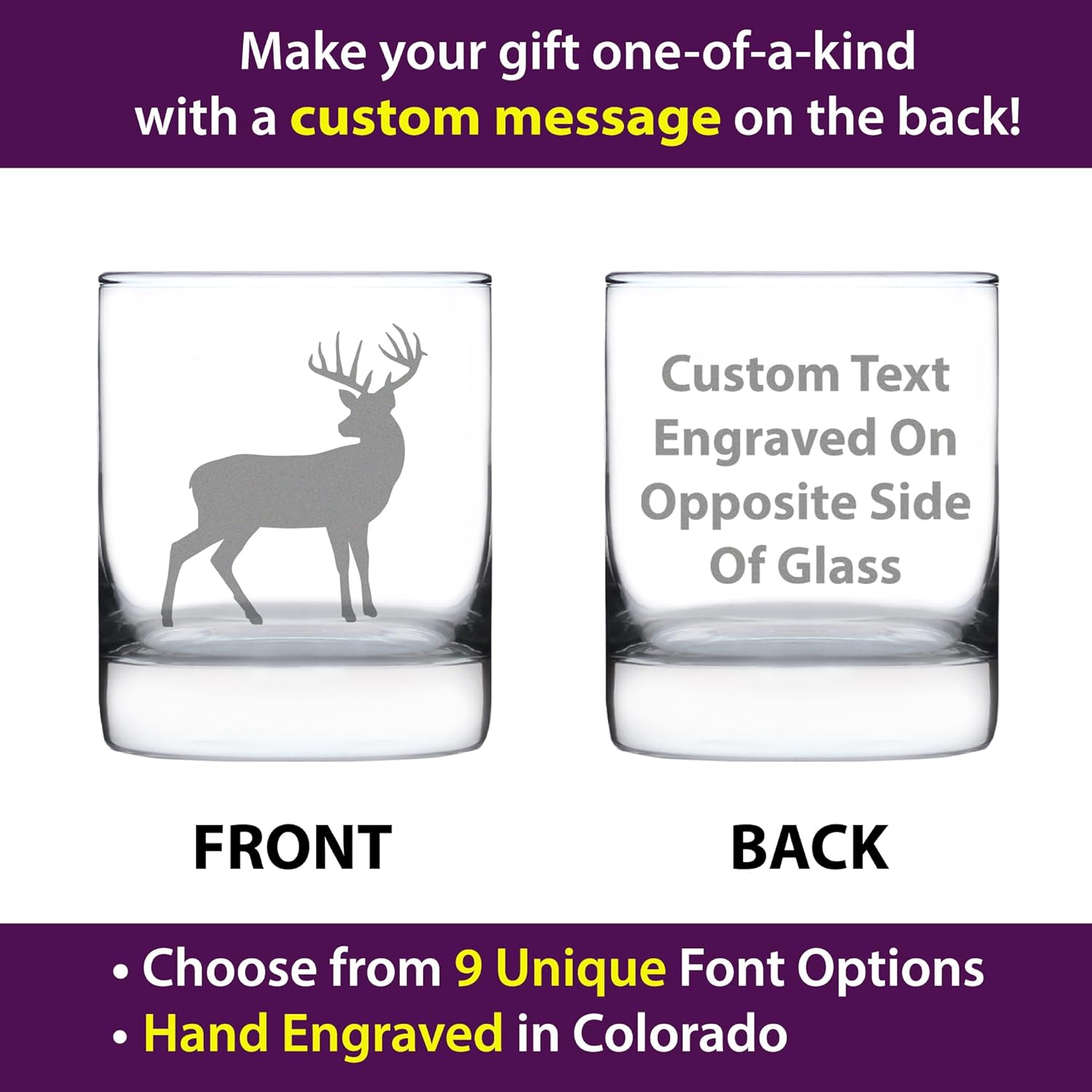 Custom Deer Personalized Whiskey Rocks Glass - Cabin Themed Gifts or Rustic Decor for Men and Women - Fun Whisky Drinking Tumbler - 10.25 oz