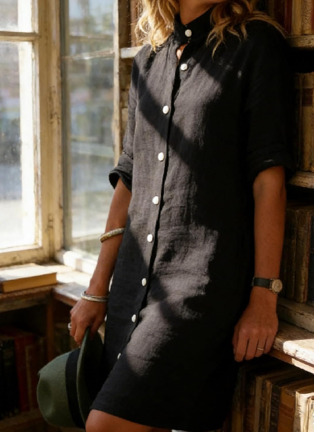 Shirt Dresses for Women Casual Striped 3/4 Sleeve Button Down Mini Dress Summer Vacation Beach Blouse Tops - Image 3