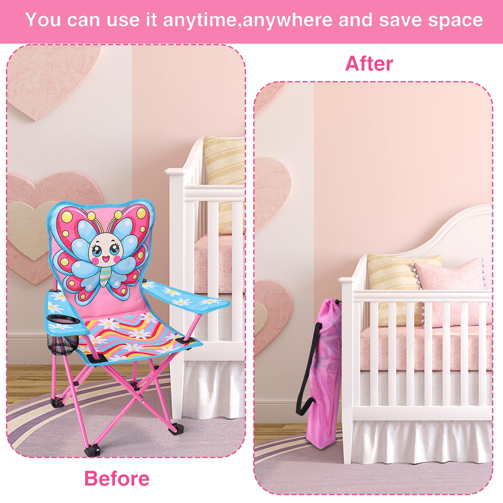 Sedia pieghevole per bambini rosa con farfalla, sedia da spiaggia per bambini e ragazze, ideale per spiaggia, giardino e campeggio