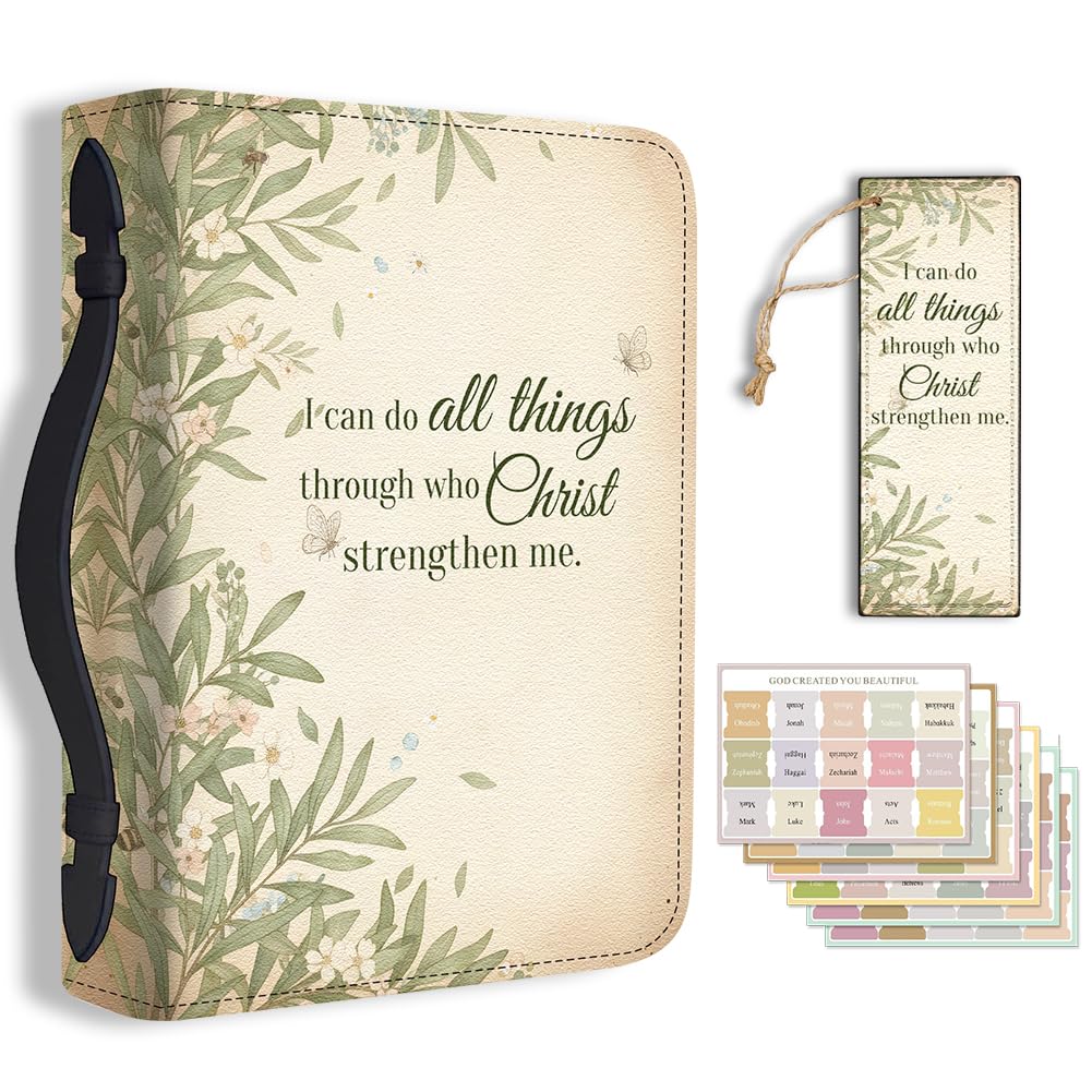 Hobbspring Bible Holder Case for School Office Olive Tree Bible Protective with Handle Bookmark Butterfly Bibles Cover with Zipper and Label Stickers for Students Adults Green PU Leather Bag