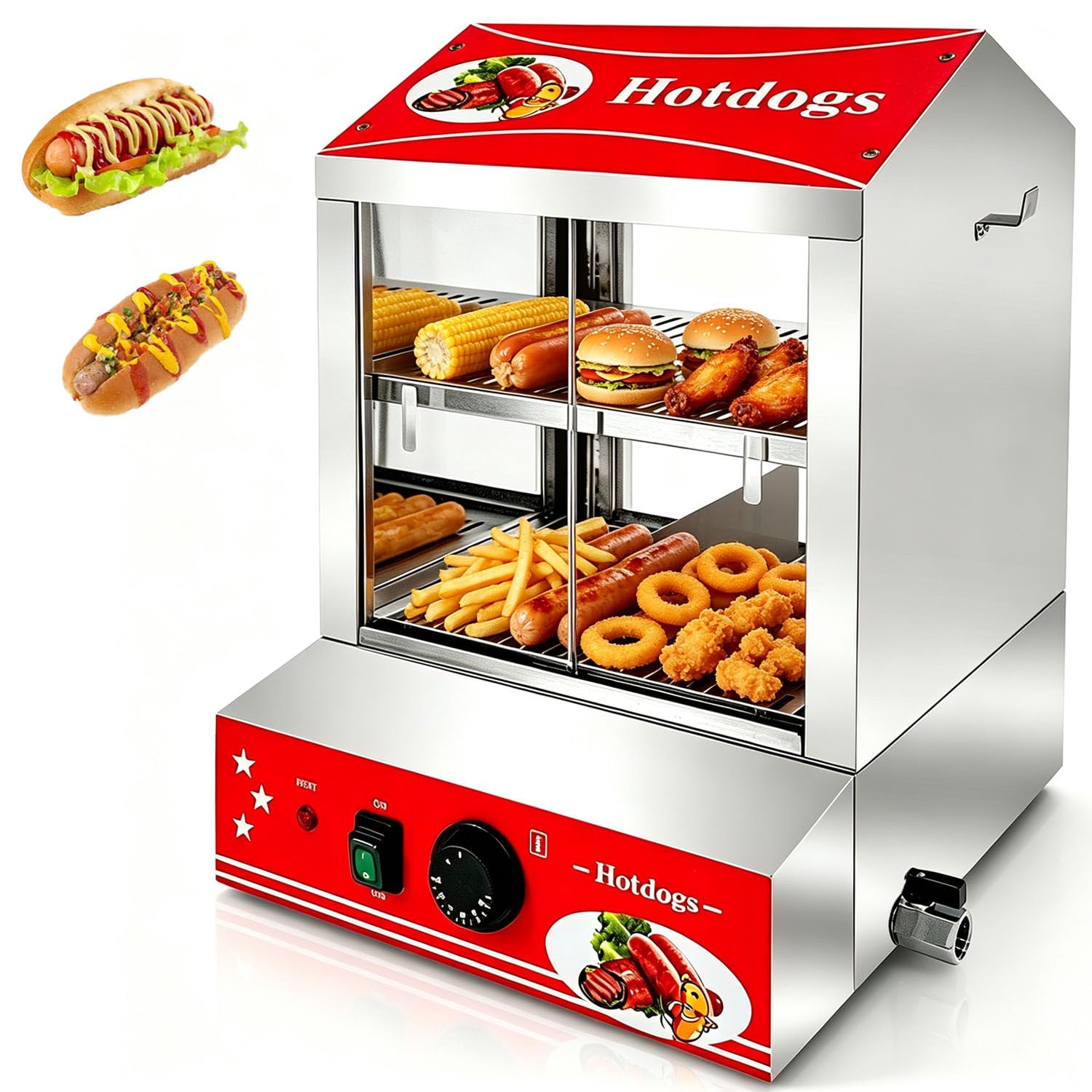 Vaporera para Perritos Calientes, 27 L, Calentador de panecillos eléctrico, Dobles Rejillas INOX, Temperatura 30–80 °C, 500 W, para Puestos y Food Trucks