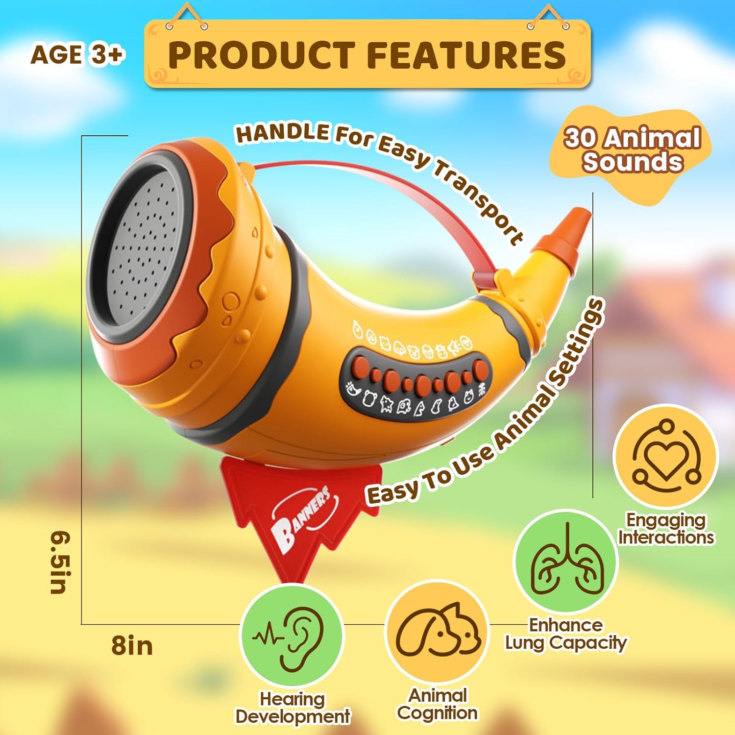 Animal Caller Toys for Kids Toddlers - 2 Modes, 30 Realistic Animal Sounds - Outdoor Discovery Play with 8" Horn and 5-Level Lights for Boys & Girls Ages 3+