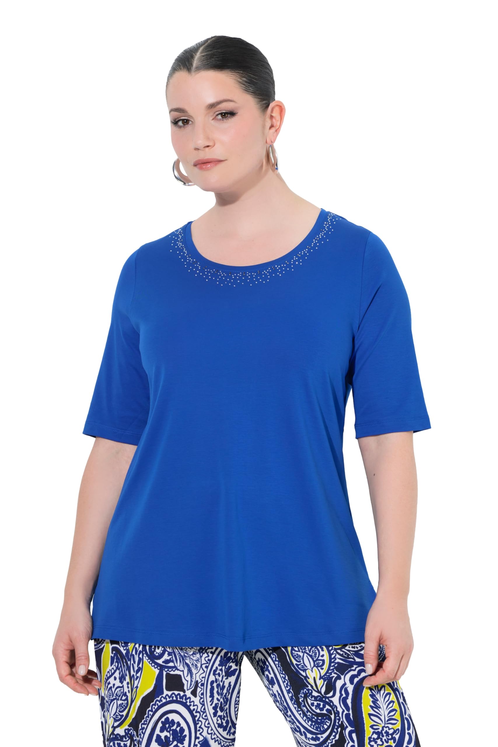 Ulla Popken Damen große Größen Übergrößen Plus Size T-Shirt, Ziersteine, Rundhals, Halbarm, Pima Cotton 849657