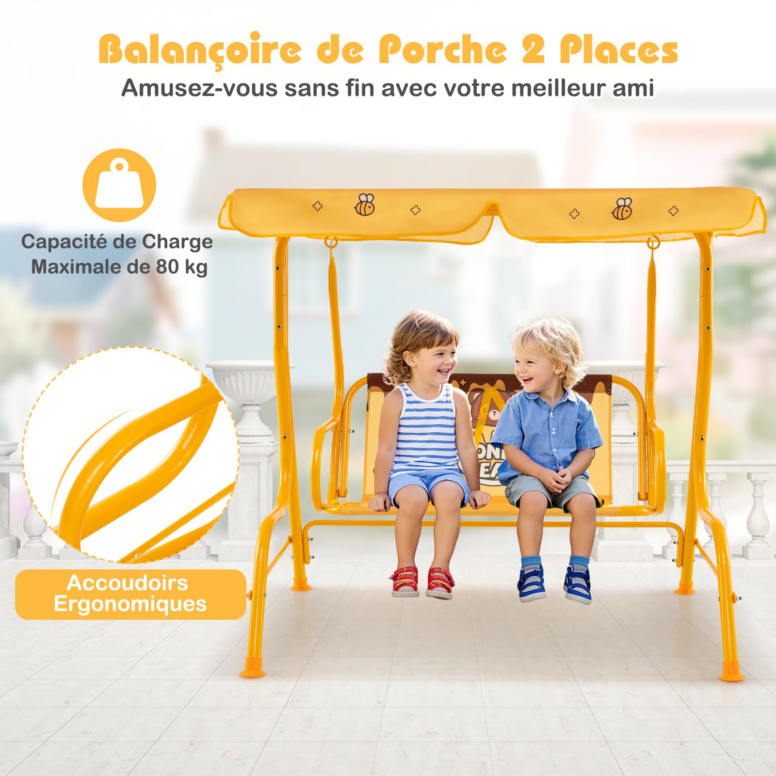 COSTWAY Balancelle de Jardin Extérieure Enfant 2 Places avec Motif Ours & Auvent Réglable, Balançoire de Patio avec Ceintures de Sécurité, Charge Max 80KG pour 3 Ans+, 112x76,5x111 cm