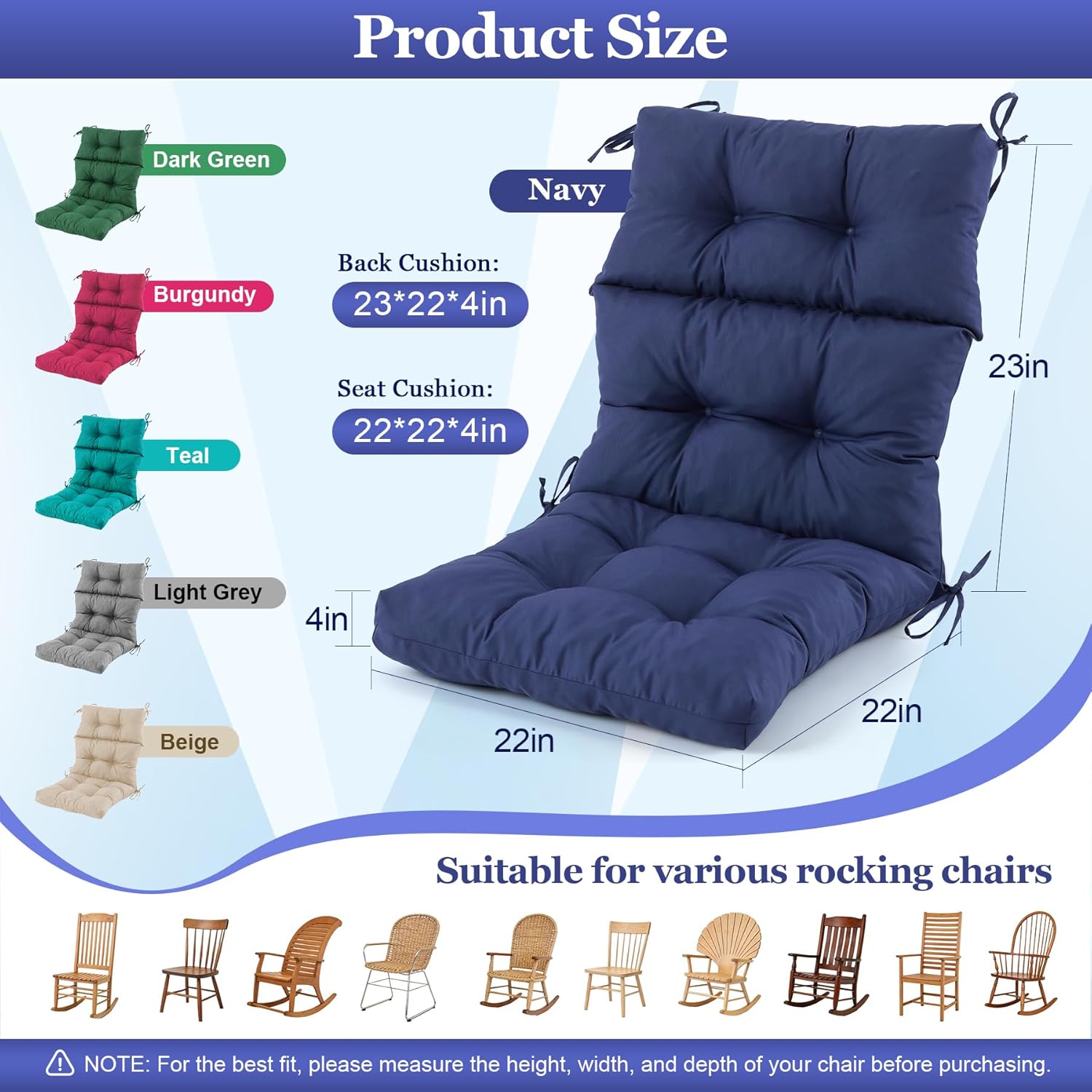 Rocking Chair Cushion, Waterproof and Fade-Resistant Adirondack Rocker Cushions, Indoor/Outdoor Rocking Chair Pads, High Back Memory Foam Patio Furniture Cushions with Ties, 44x23x4 Inch, Navy Blue
