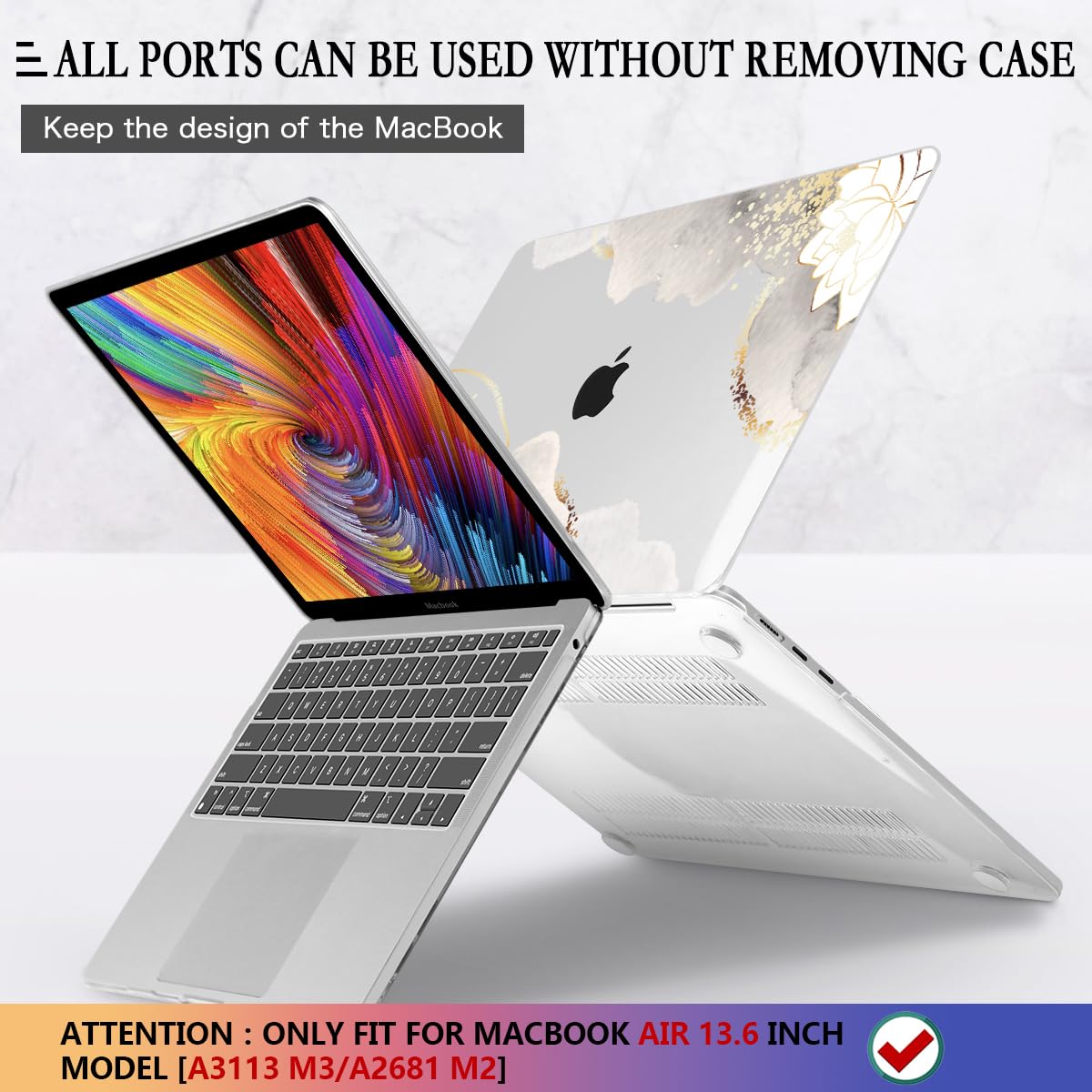 CISSOOK Coque Rigide Pour MacBook Air 13,6″ M2/M3 (modèles A2681/A3113) – Housse Mate Givrée Avec Motif Fleurs – Protection Complète + Housse Clavier