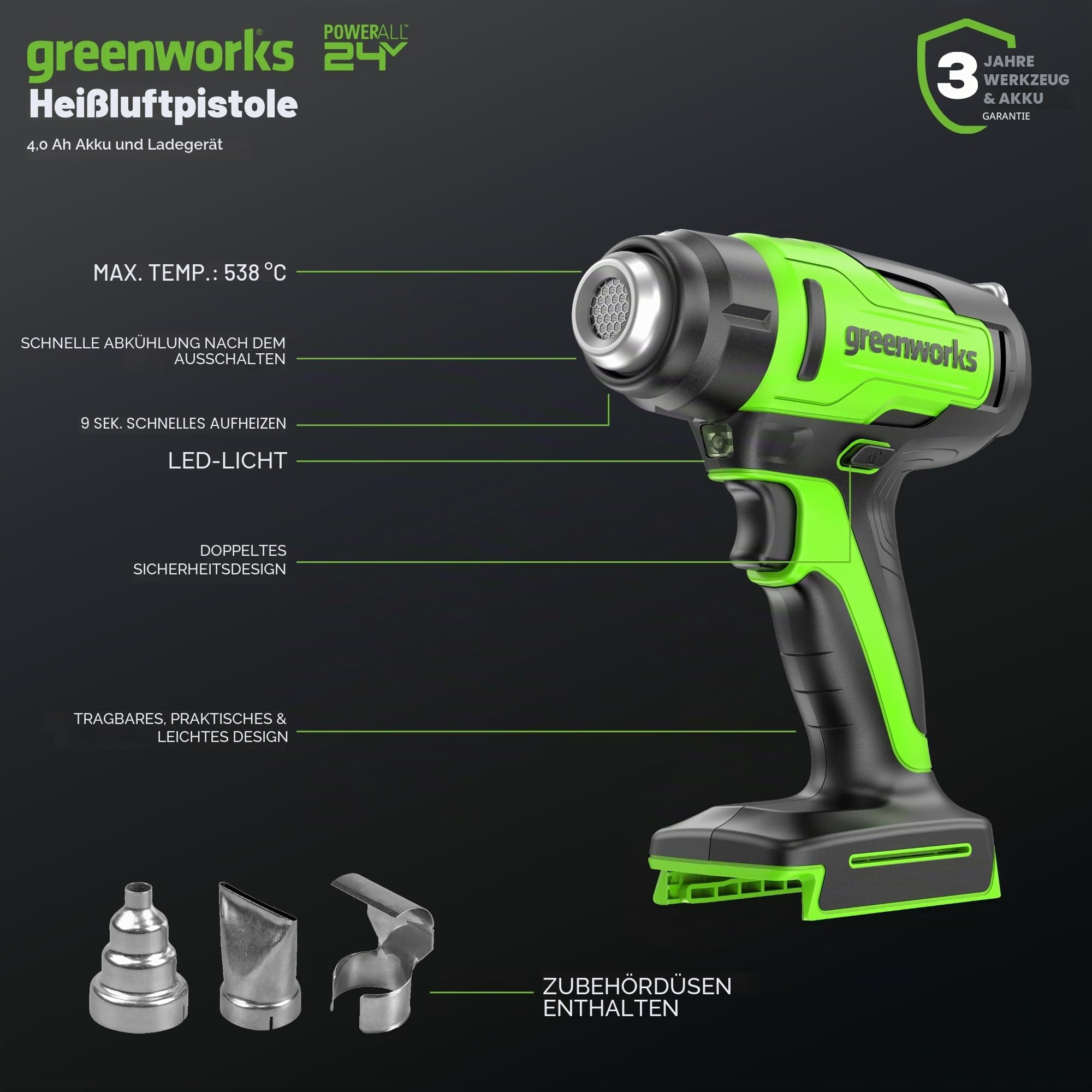 Greenworks 24 V kabelloses Heißluftpistolen-Set, 4,0 Ah Akku und Ladegerät im Lieferumfang enthalten – Heißluftwerkzeug, max. 538 ℃ mit 3 Düsen für Zuhause, Garage, Outdoor