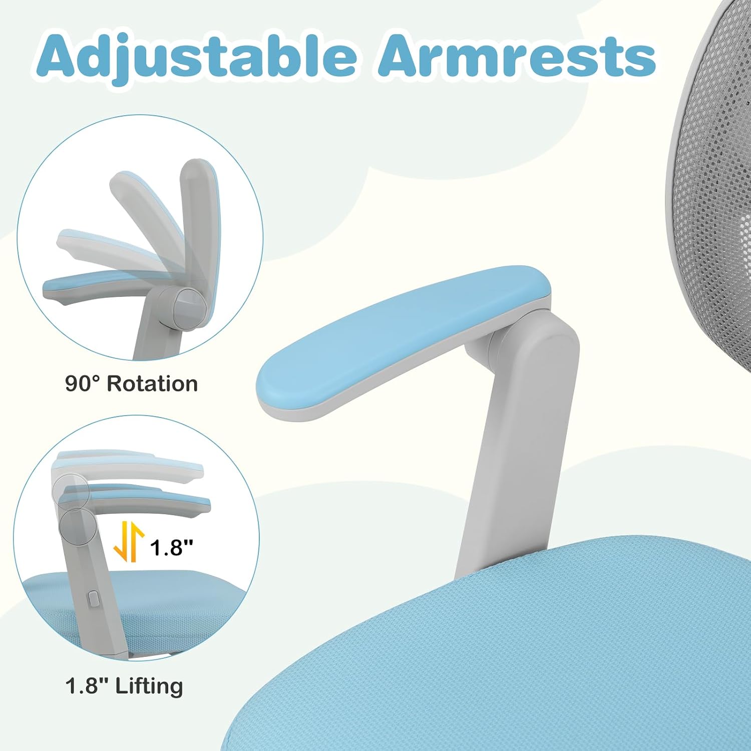 Close-up images showing the 90-degree rotation and 1.8-inch lifting capability of the chair's armrests.