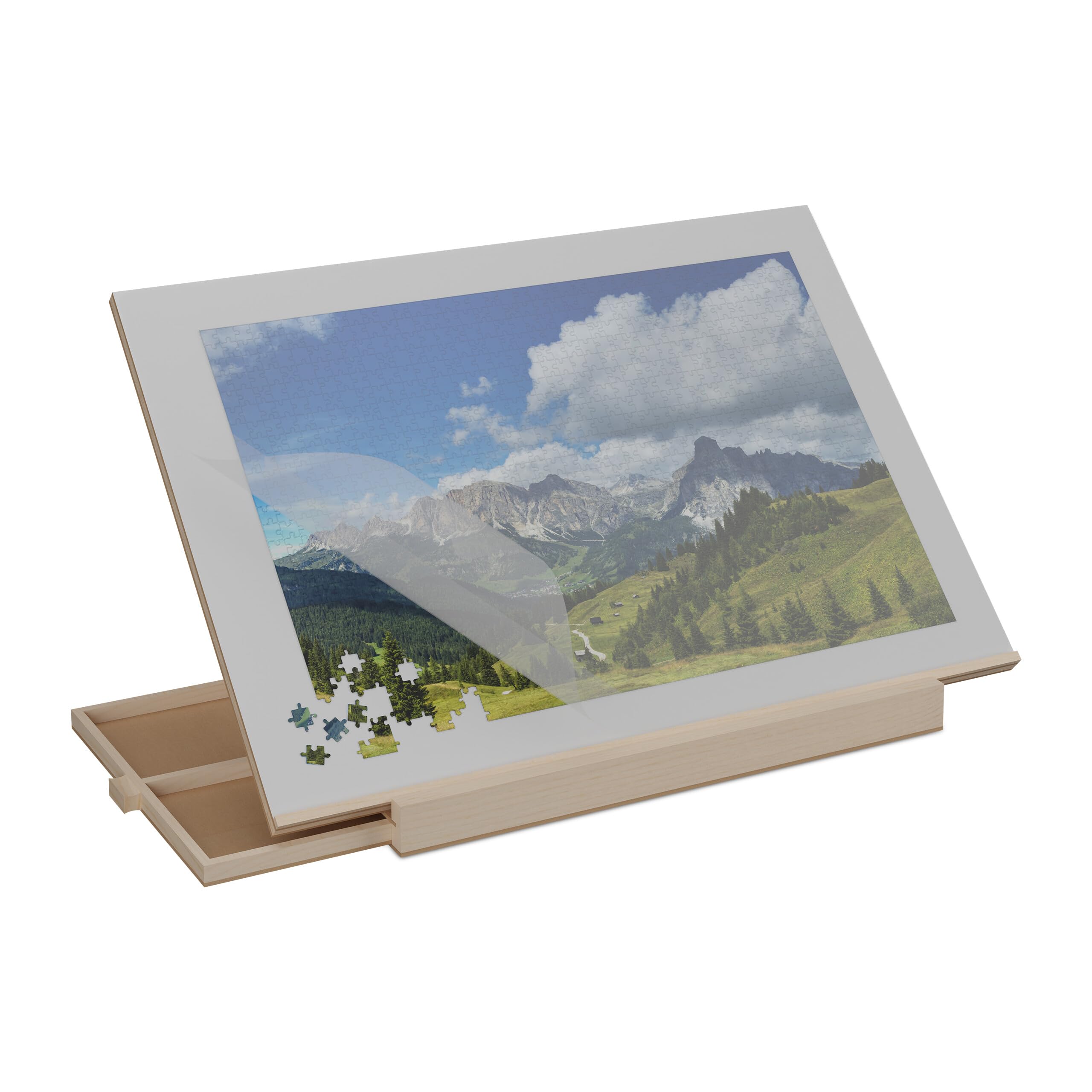 Relaxdays Tablero para Puzzles con 2 Cajones, Organizador Rompecabezas de 1000 Piezas, Inclinable, Madera, Natural/Gris