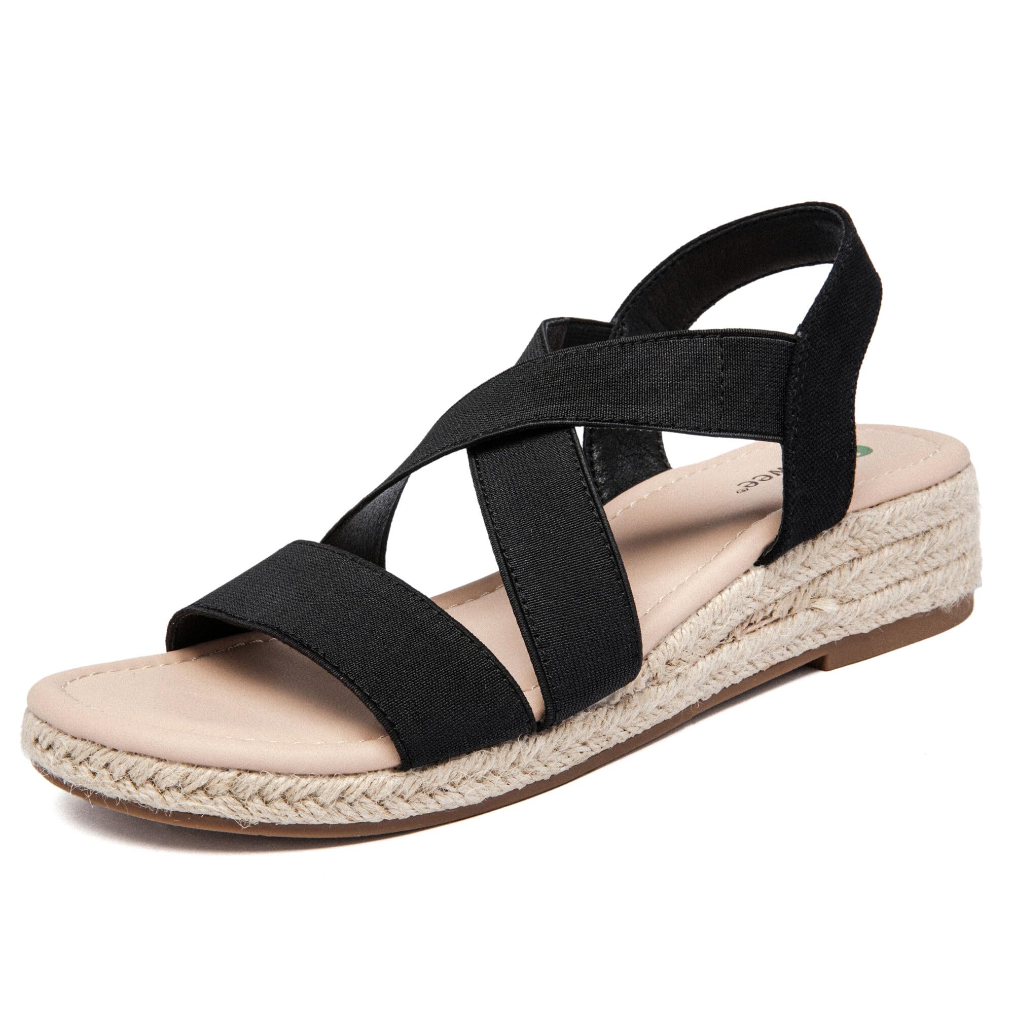Ataiwee Sandales compensées à plateforme pour femmes,Sandales compensées espadrilles d'été décontractées avec bride de cheville élastique et bout ouvert,Noir,43 EU,2507003
