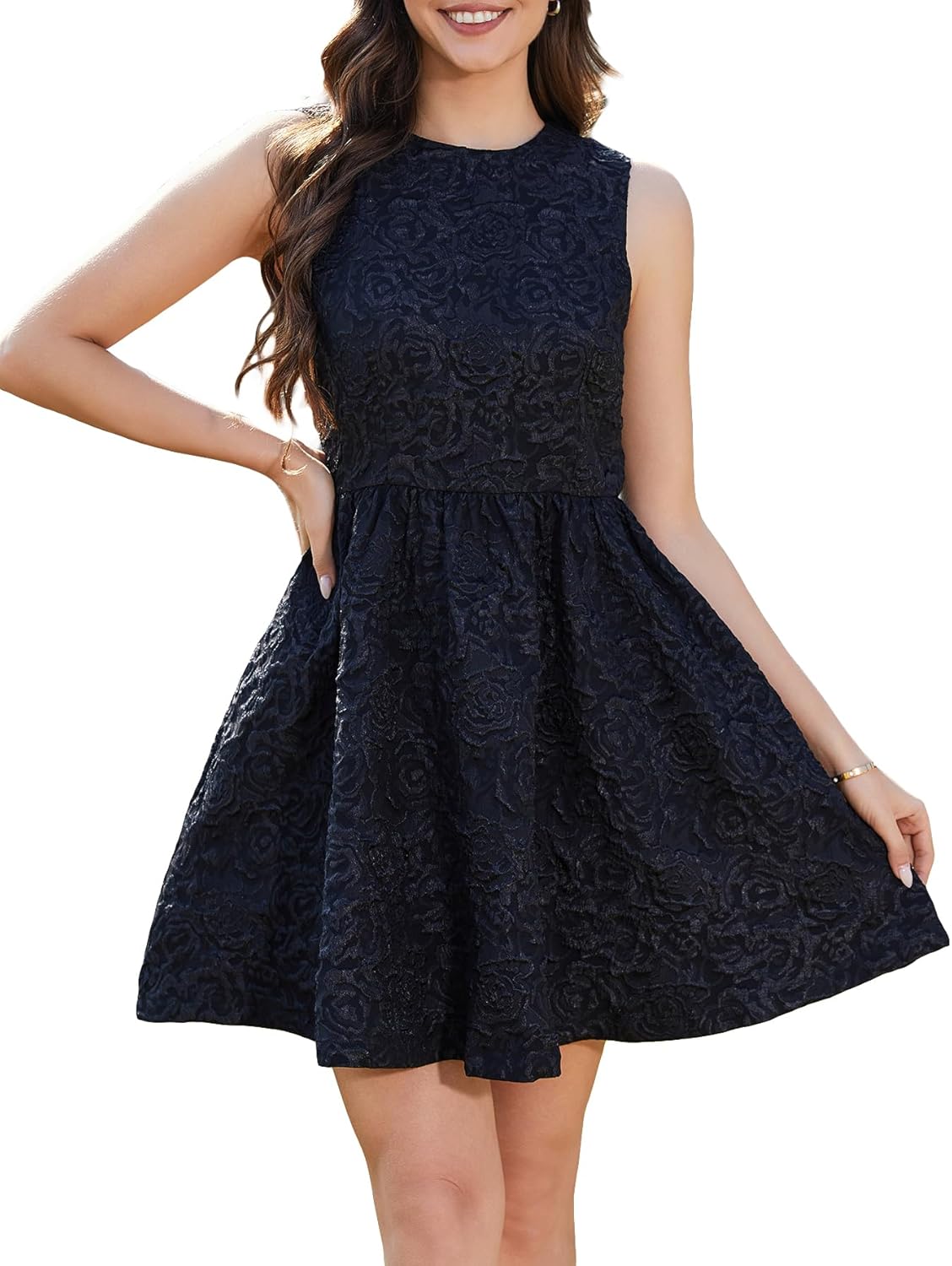 Ladyful Women’s Sleeveless Floral Jacquard Mini Dress Crew Neck Bow Tie Cocktail Dress Elegant Short Backless Sundress